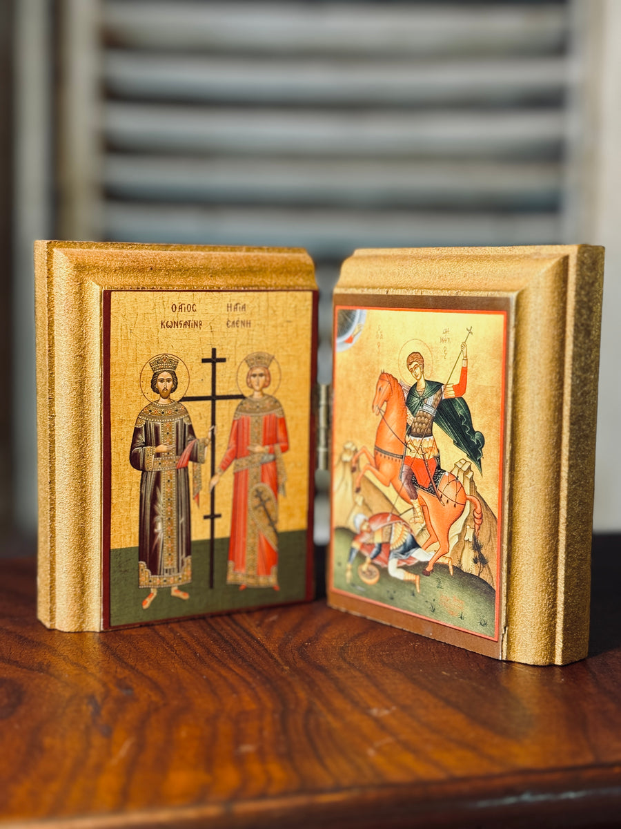 Vintage Hinged Diptych of Greek Saints Manor on