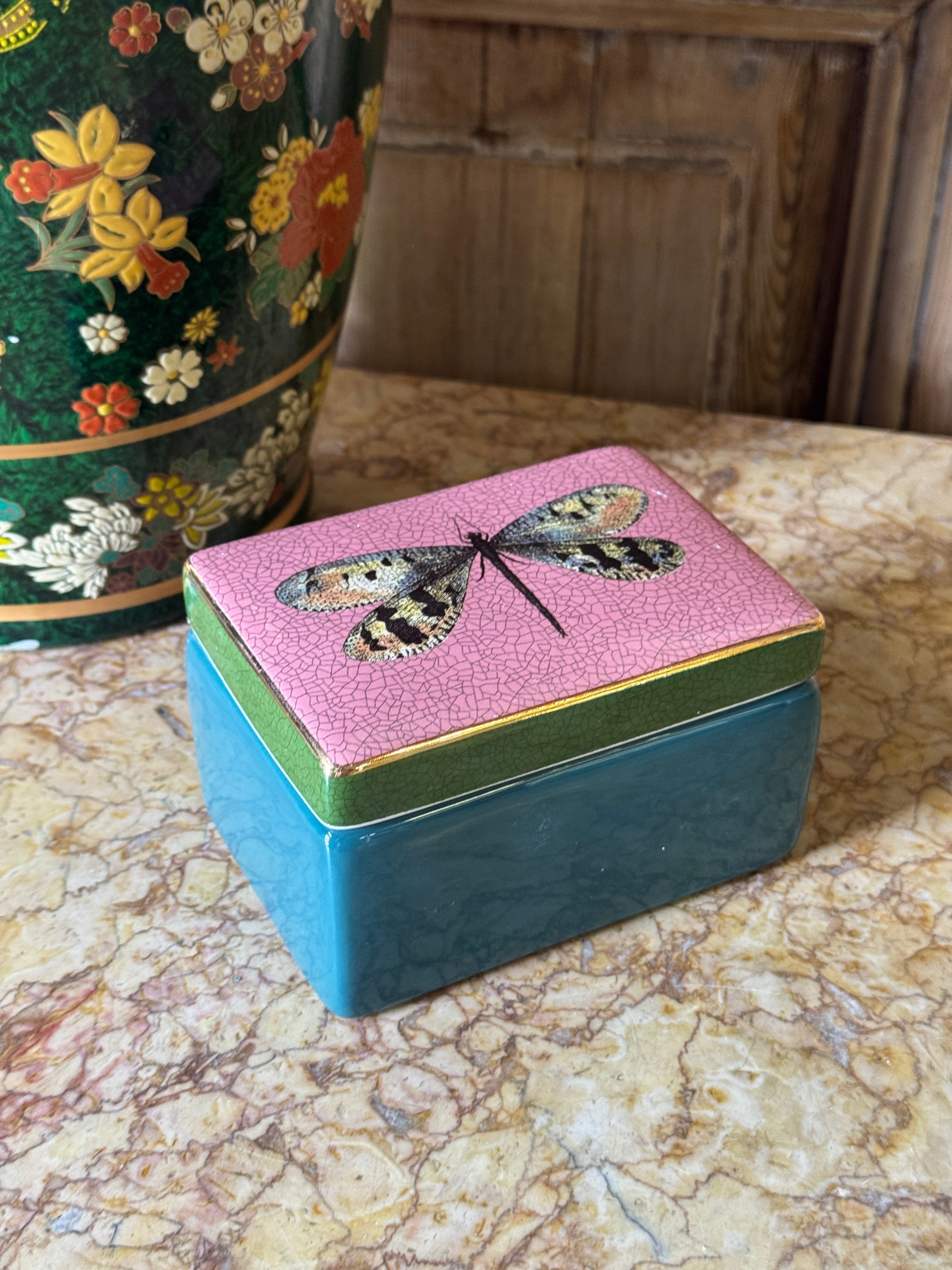 Dragonfly Rectangle Lidded Trinket Box - Pink & Green