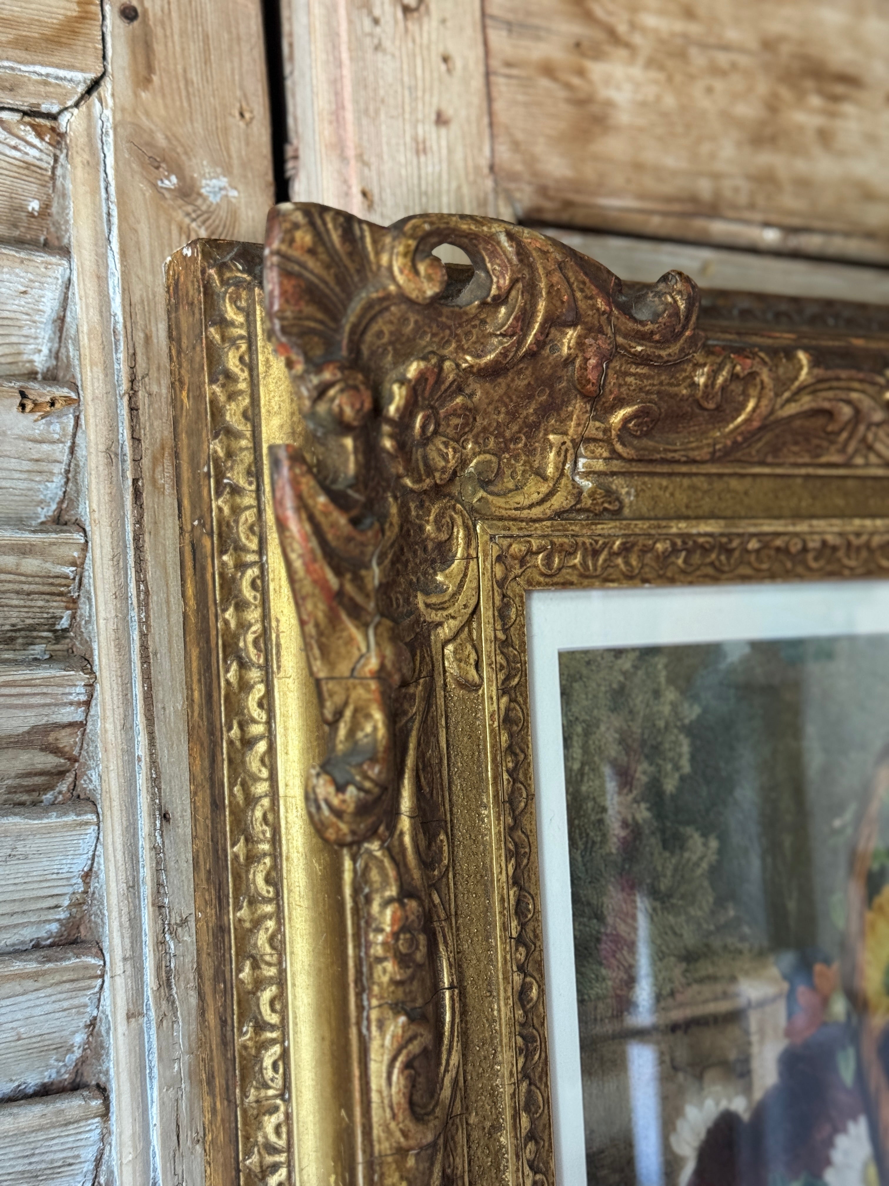 19th Century Hand-coloured Floral Print in Ornate Frame