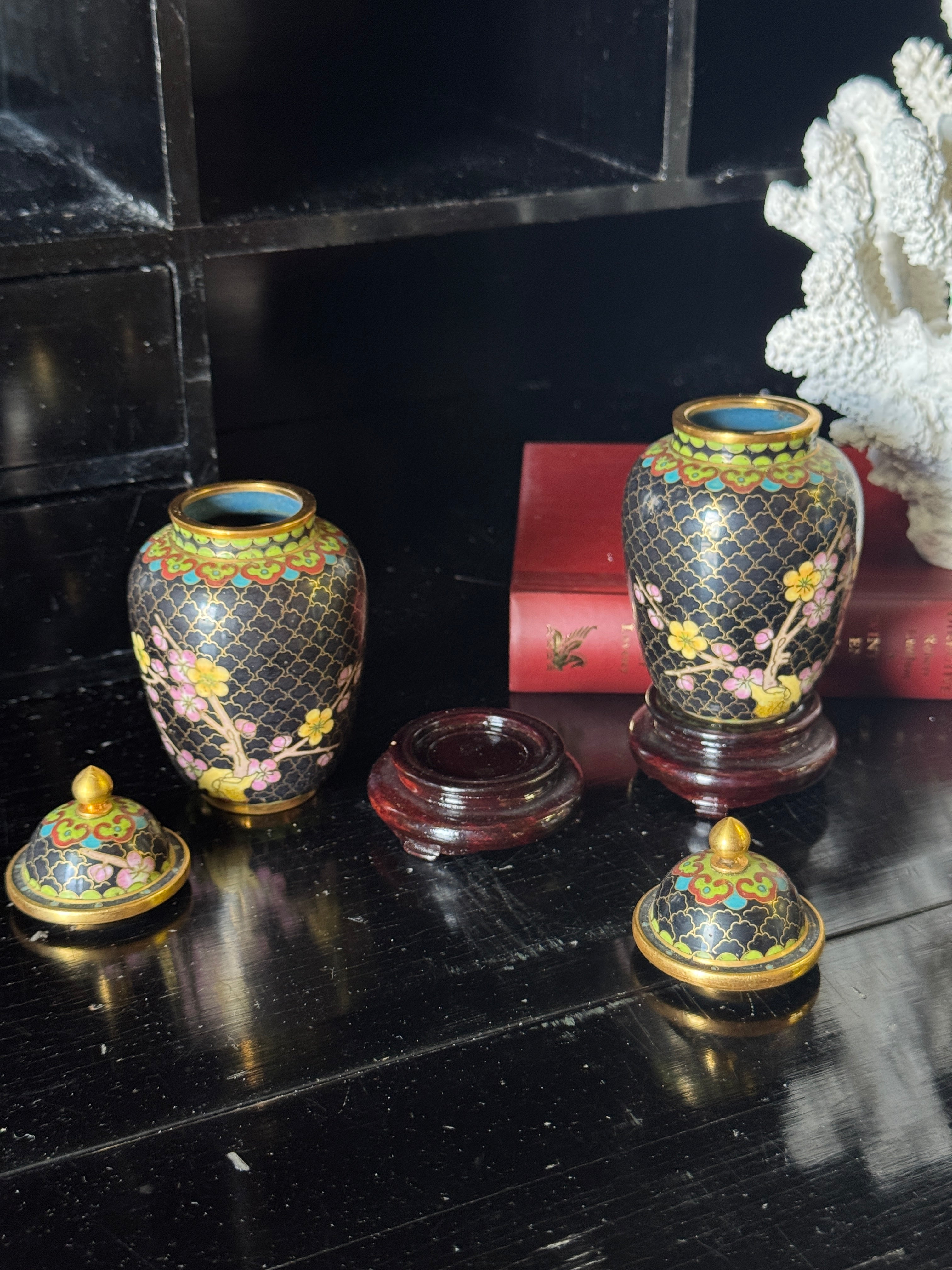 Pair of Vintage Chinese Cloisonné Lidded Vases on Fitted Timber Bases
