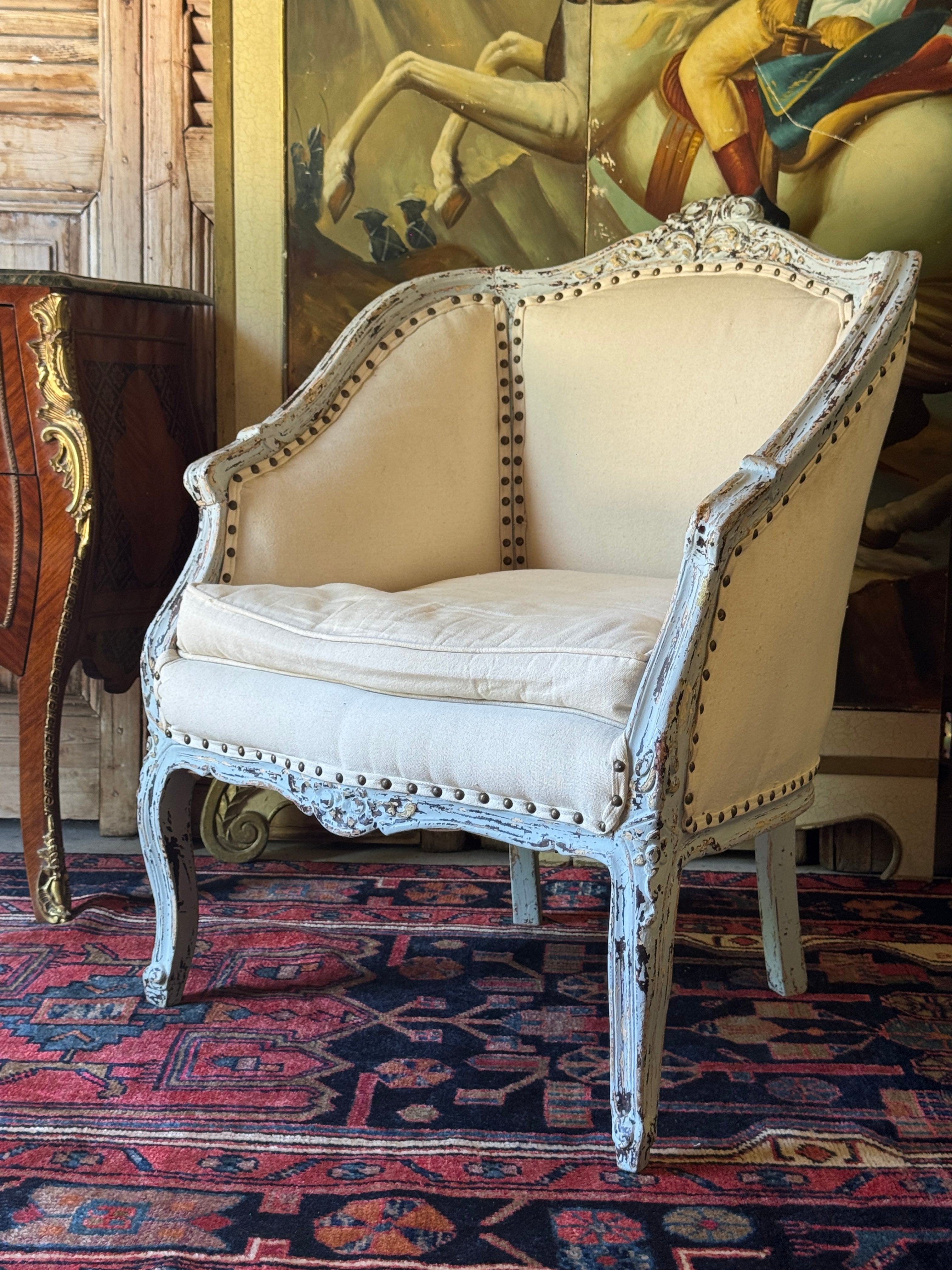 Vintage French Linen Tub Chair