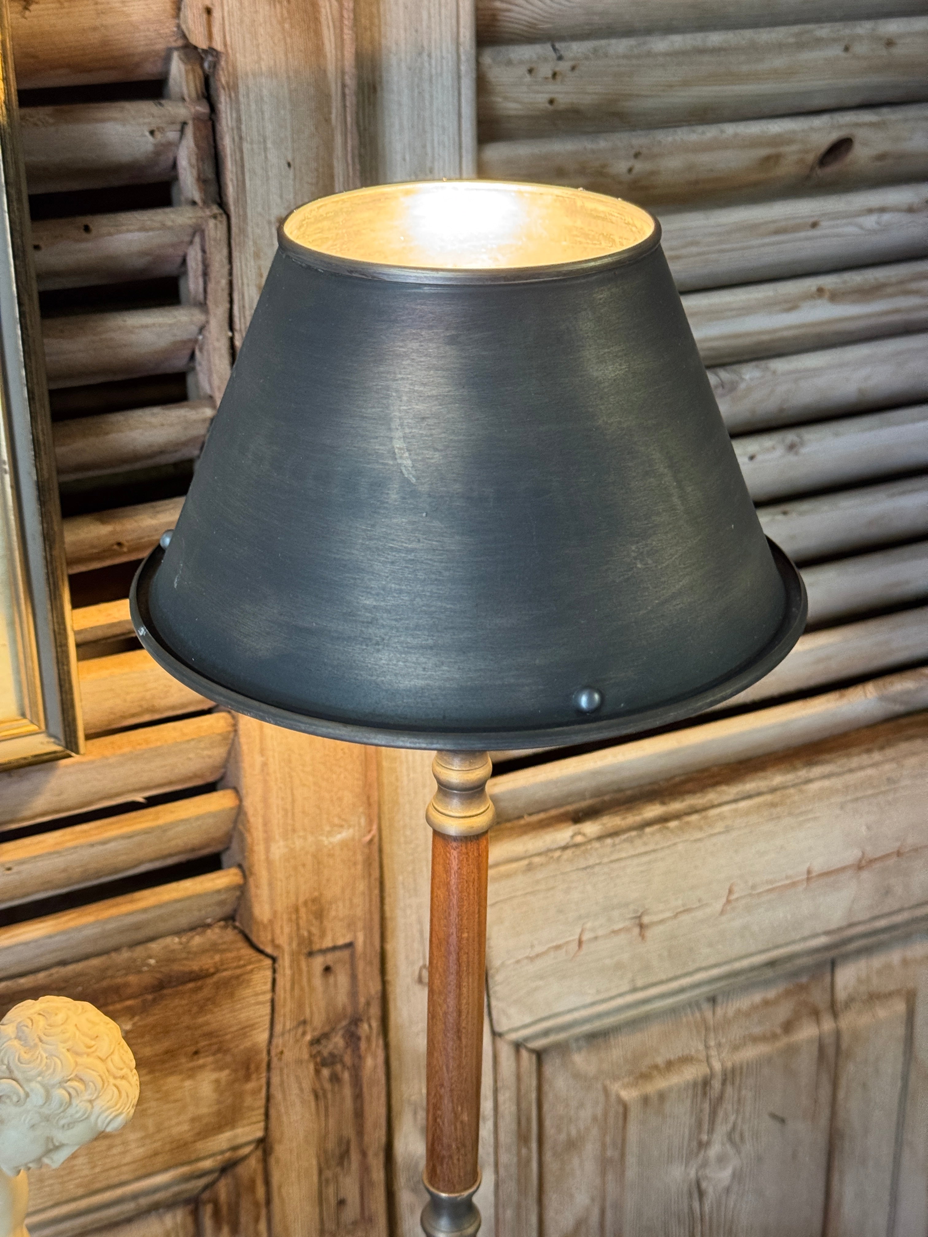 Vintage Turned Timber Table Lamp with Metal Drum Shade
