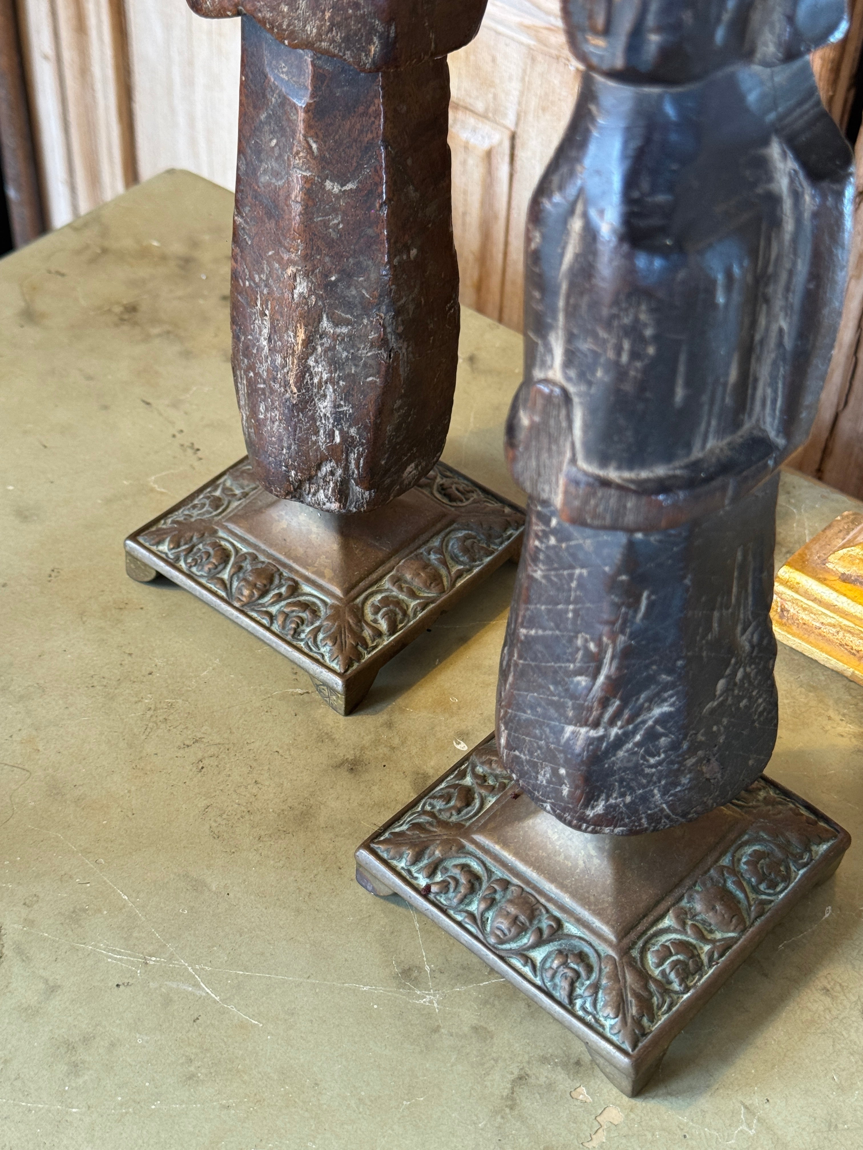 Pair of Antique Indian Carved Timber Dolls on Brass Bases