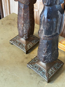 Pair of Antique Indian Carved Timber Dolls on Brass Bases