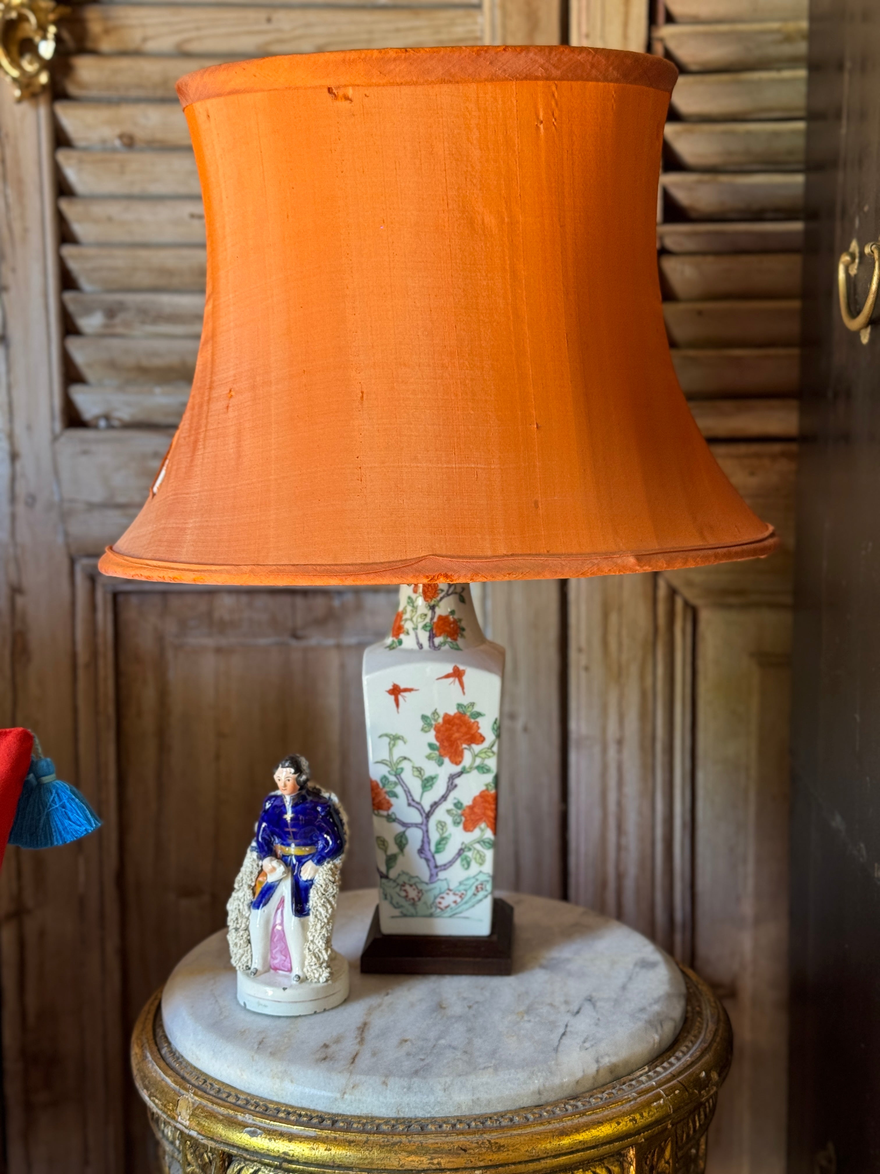 Vintage Chinese Porcelain Lamp with Silk Shade