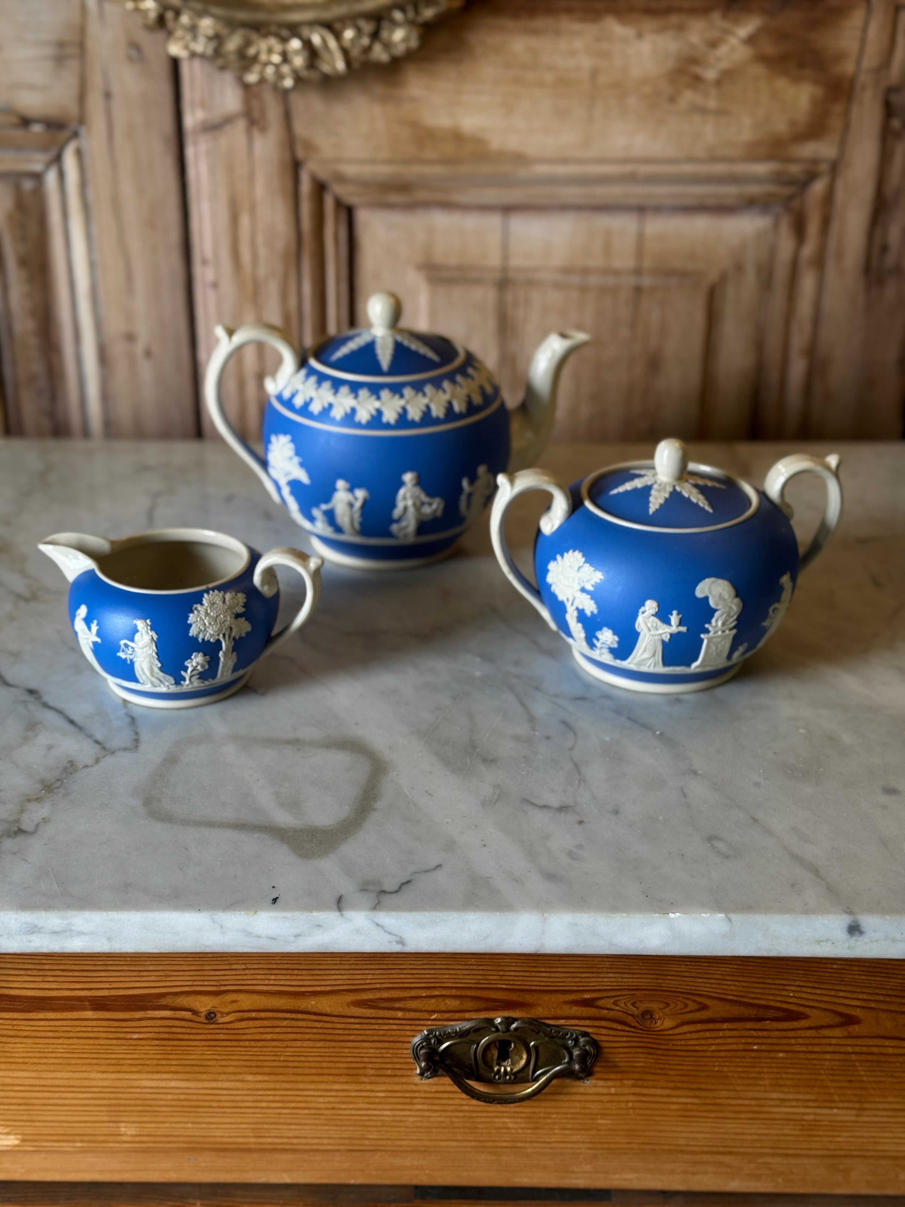 3-piece Copeland Jasperware Tea Set – Blue & White