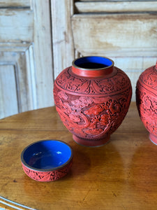 Pair of Vintage Chinese Carved Red Cinnabar Lidded Ginger Jars