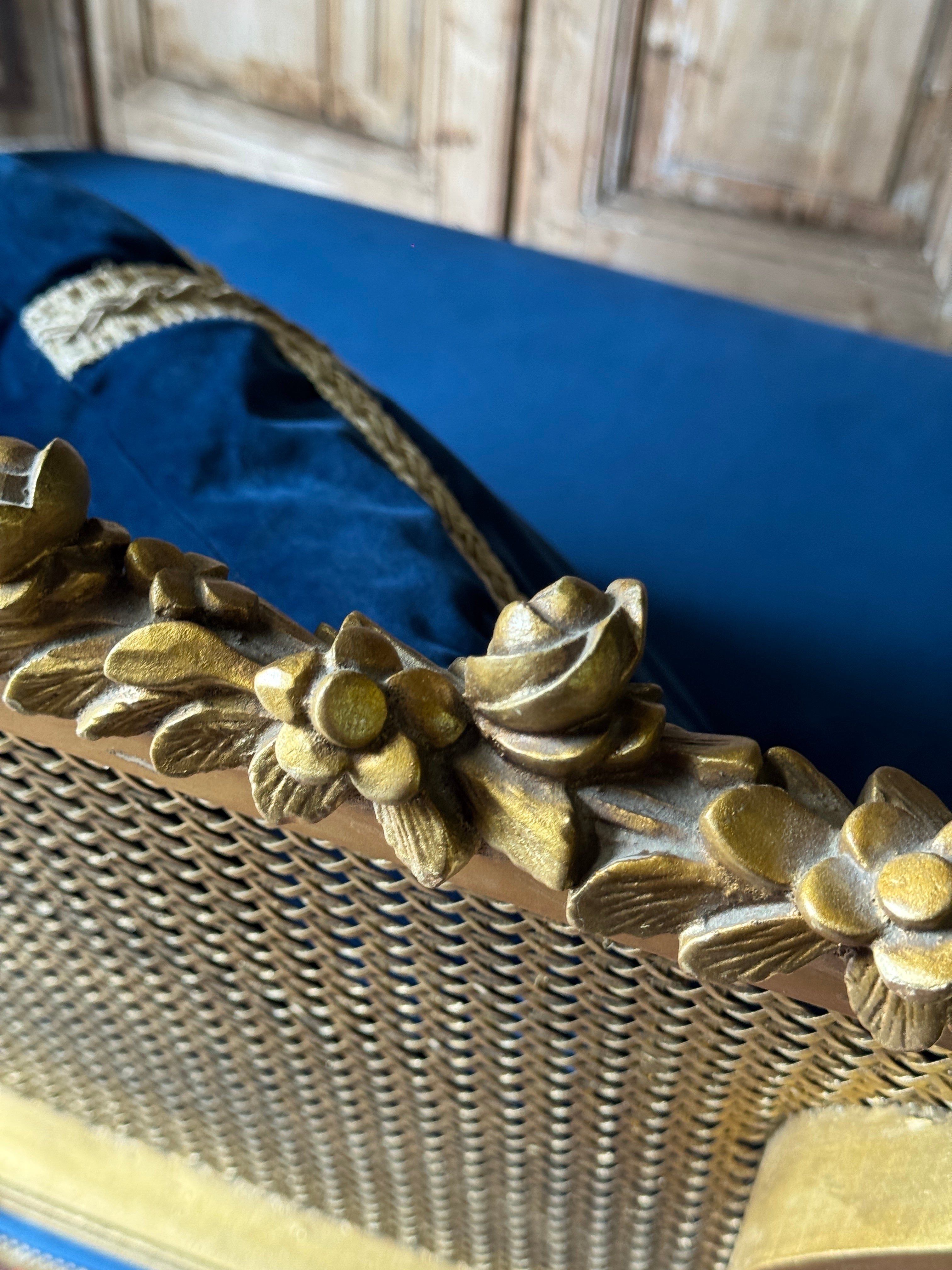 Vintage French Gilt Rattan Settee with Original Upholstery