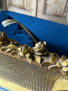 Vintage French Gilt Rattan Settee with Original Upholstery