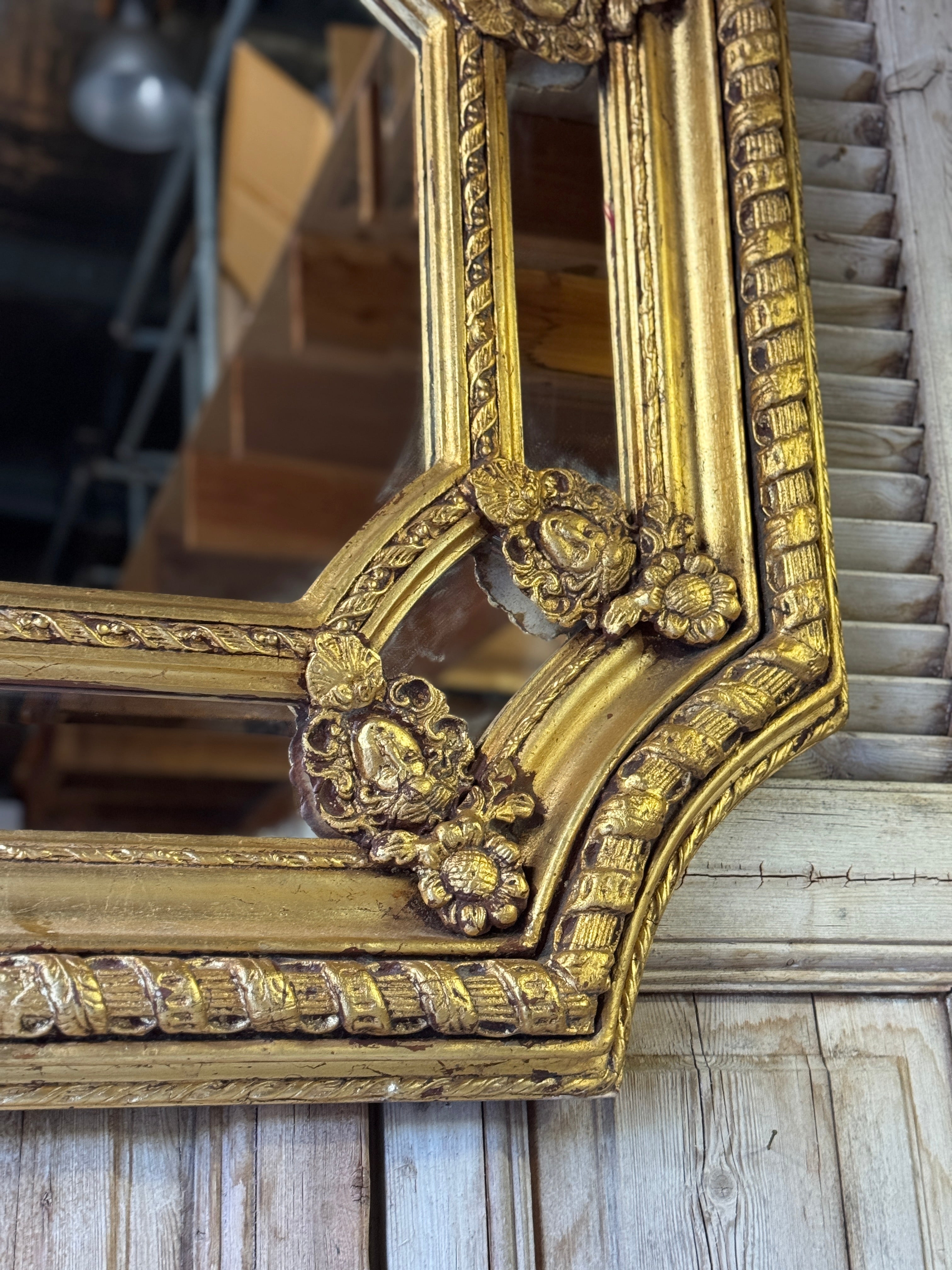 Vintage Gilt Rococo Mirror With Floral Crest