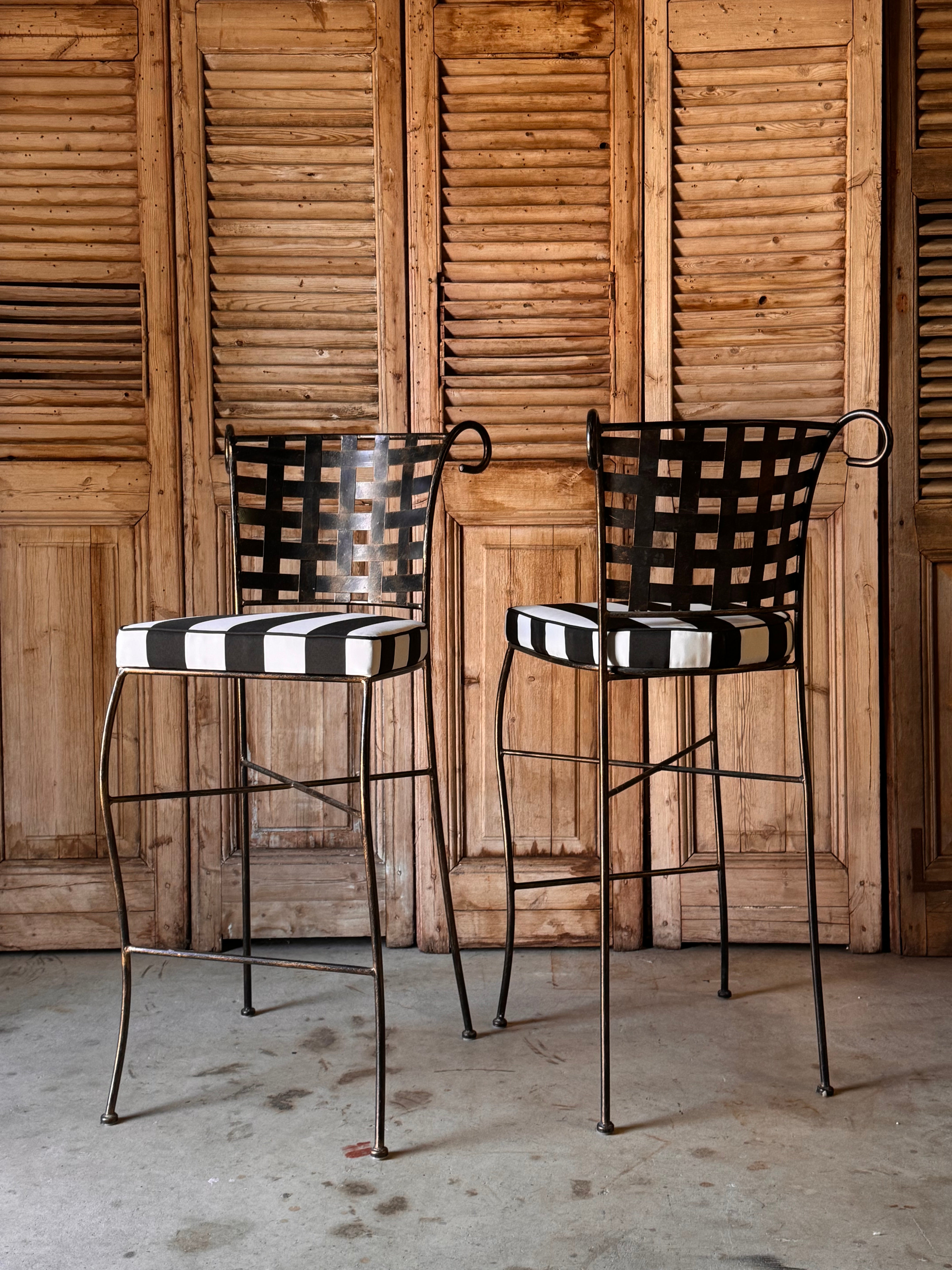 Pair of Vintage French Metal Bar / Outdoor Stools with New Upholstery