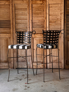 Pair of Vintage French Metal Bar / Outdoor Stools with New Upholstery