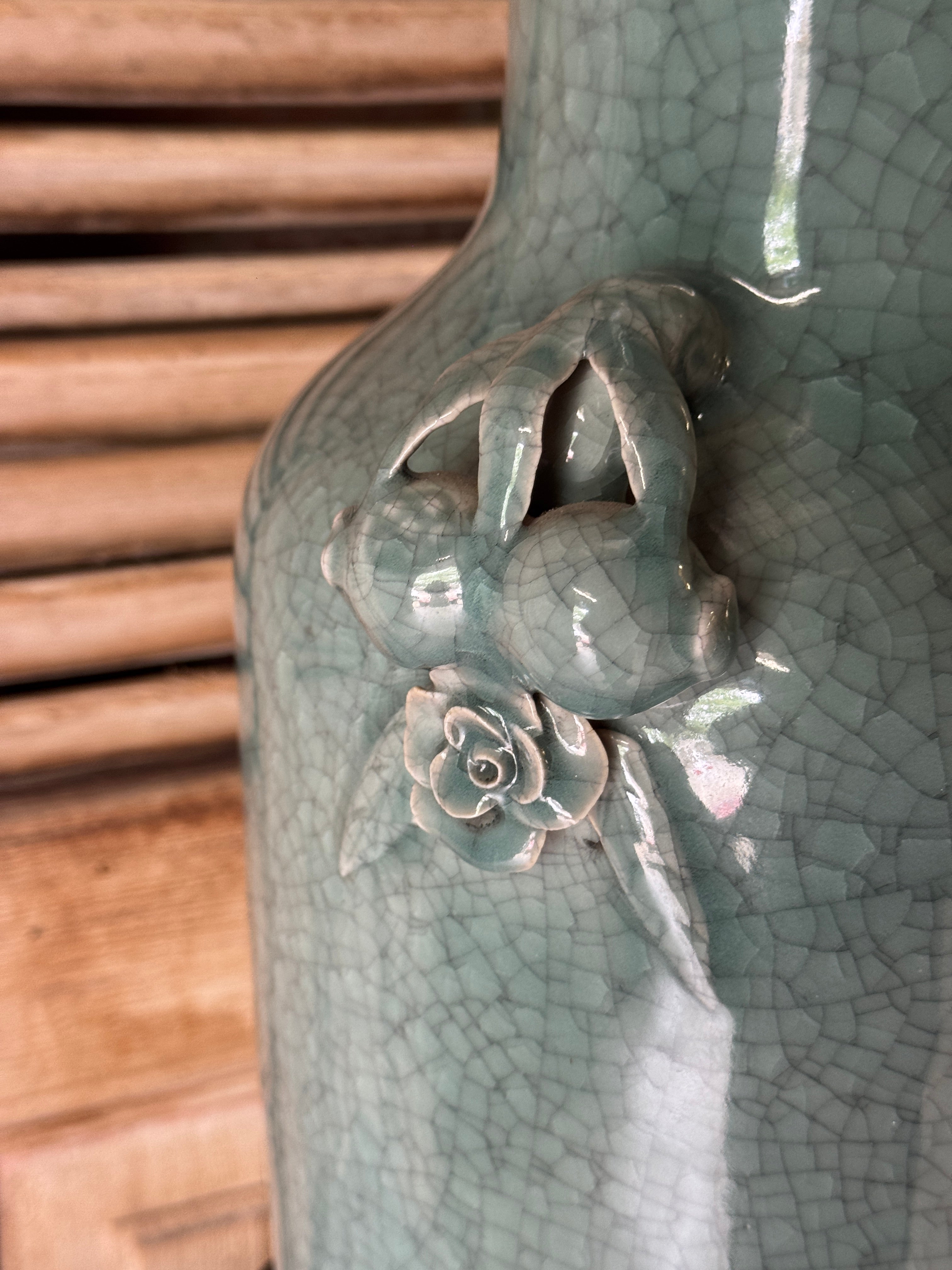 Large Chinese Celadon Crackle Glaze Vase on Carved Rosewood Stand