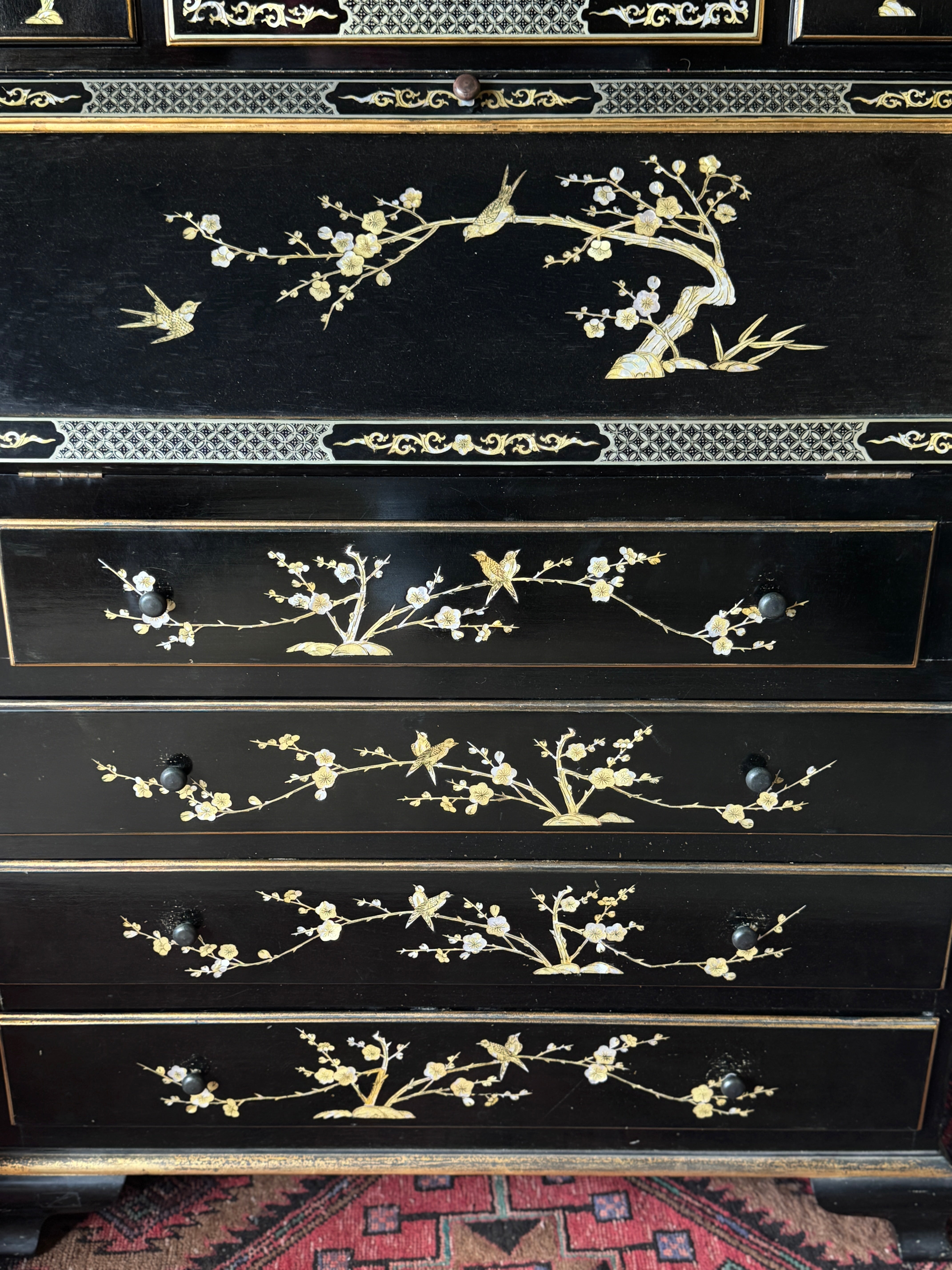 Vintage Chinese Fallout Bureau and Display Cabinet with Mother of Pearl Inlay Detail