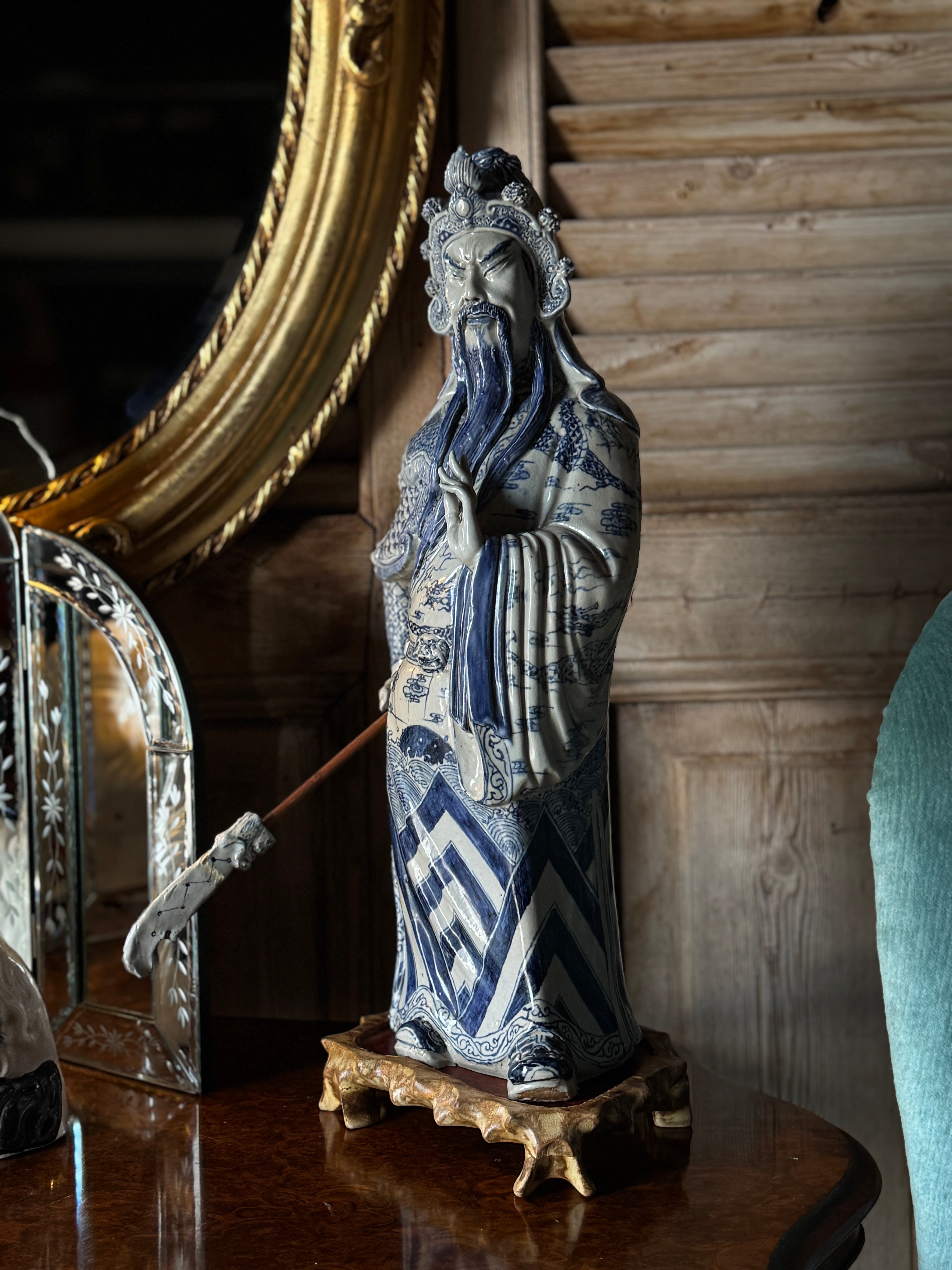 Large Handpainted Blue & White Chinese Porcelain Figure of Guan Yu with Staff