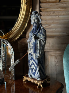 Large Handpainted Blue & White Chinese Porcelain Figure of Guan Yu with Staff
