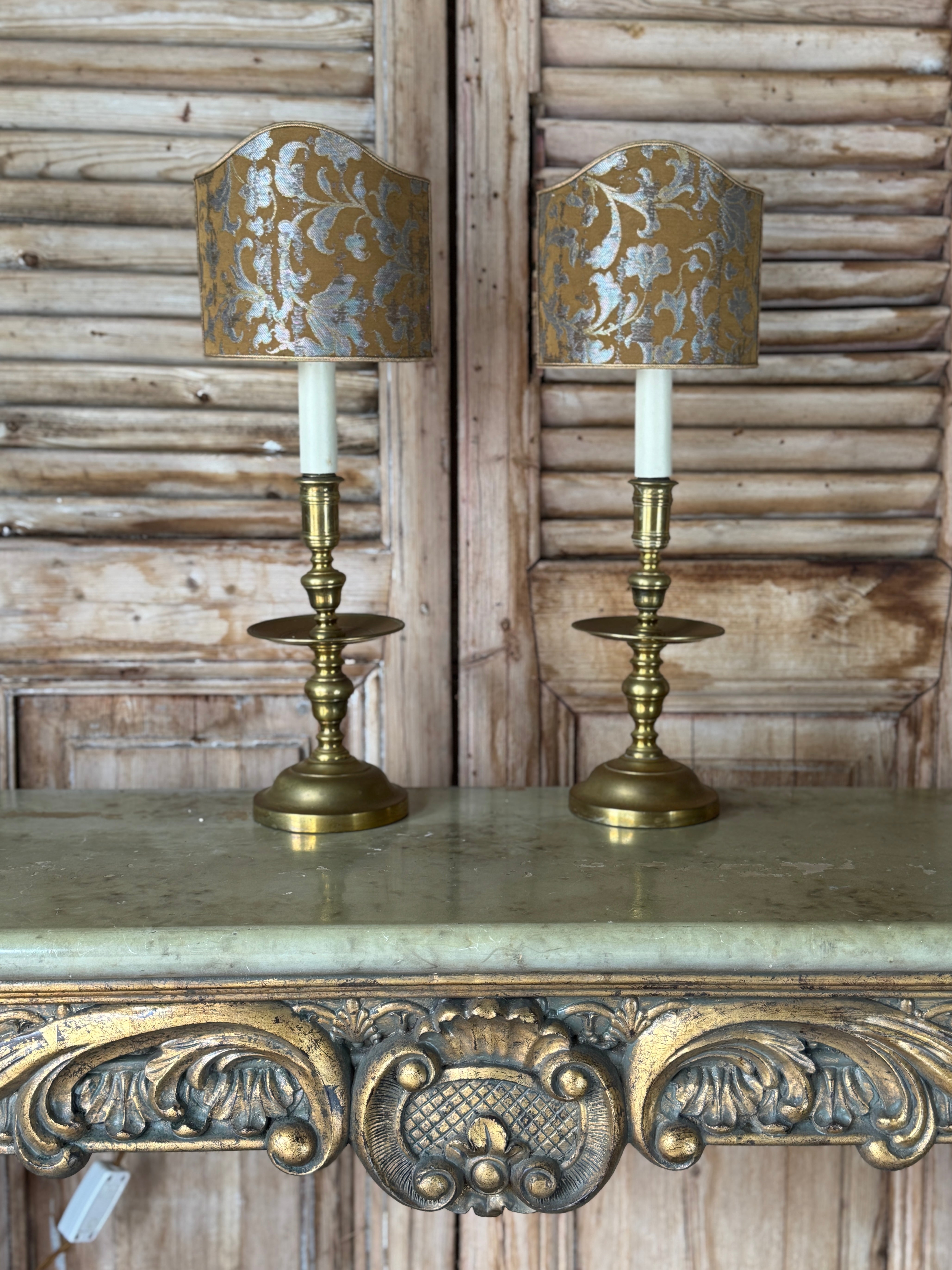 Pair of Antique 19th Century Brass Candlestick Lamps with Italian Made Shield Shades
