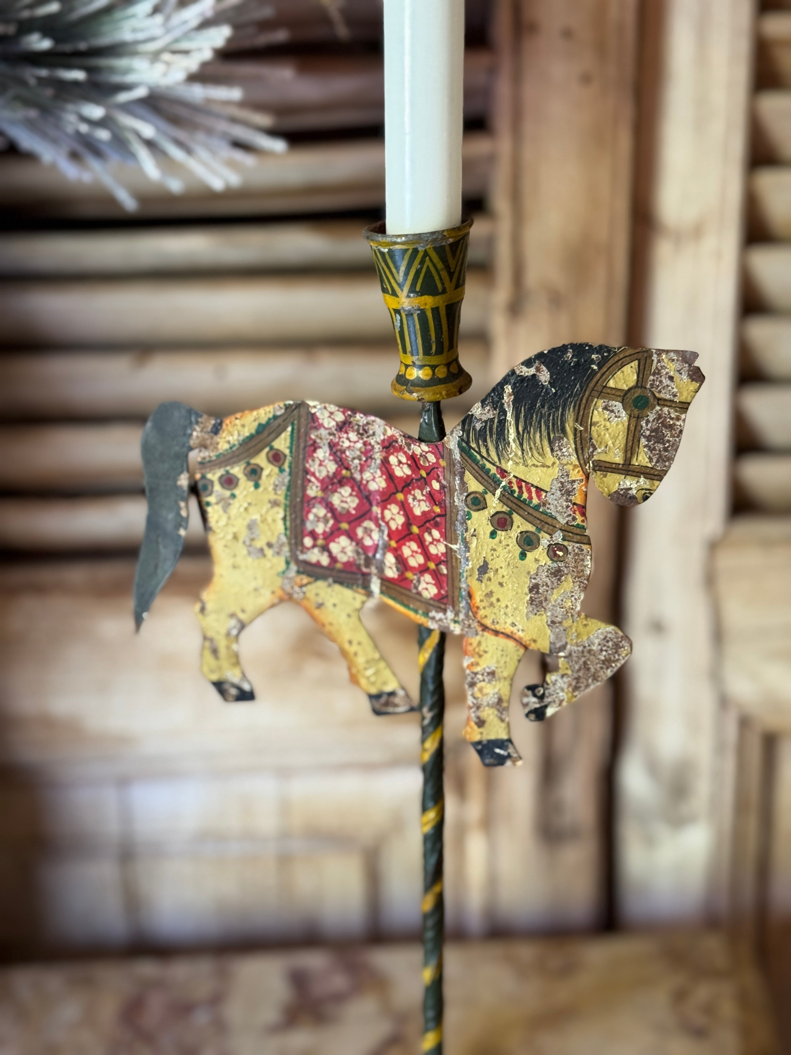 Vintage Hand Painted Metal Equestrian Taper Candle Holder