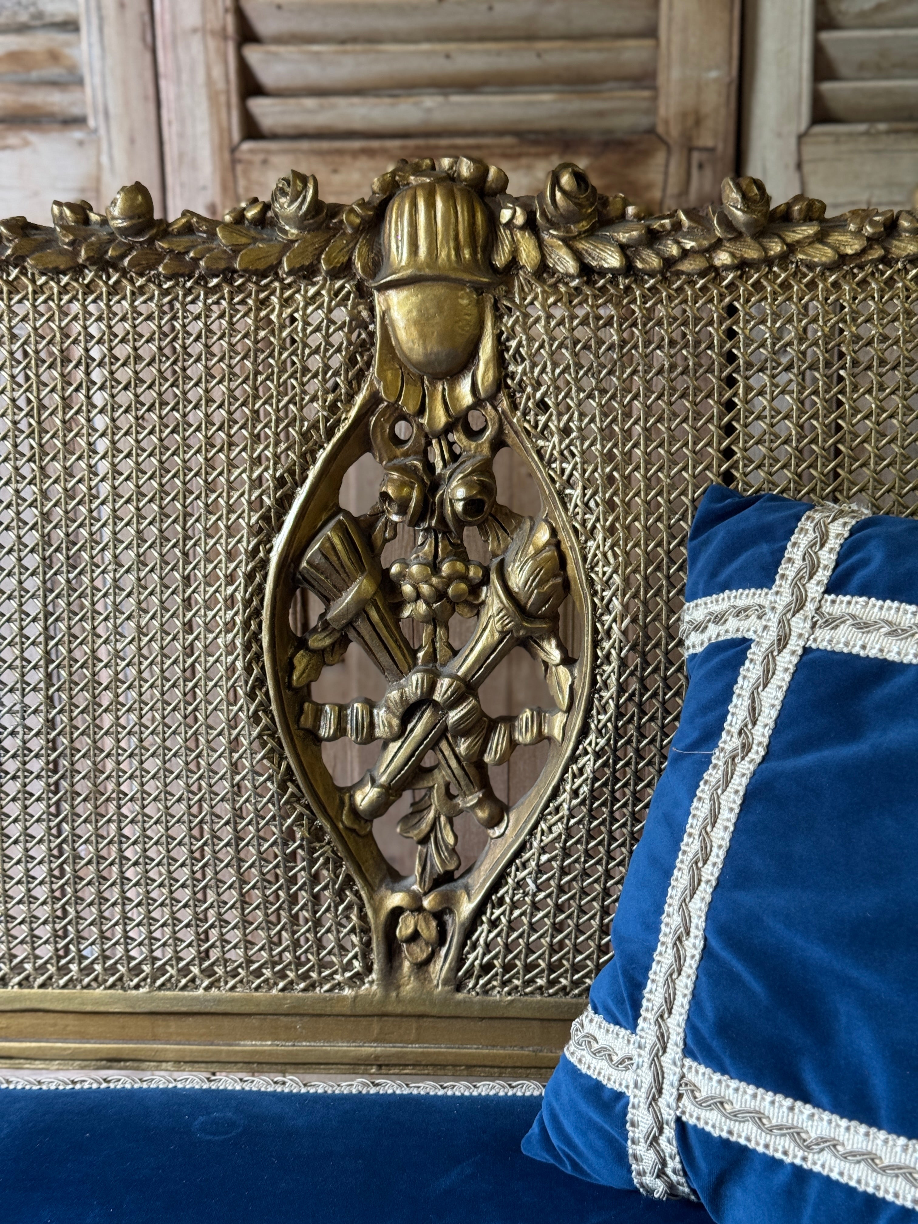 Vintage French Gilt Rattan Settee with Original Upholstery