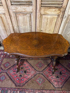 Antique Victorian Burr Walnut Console Table with Carved Stretcher Base