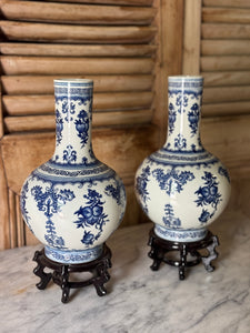 Pair of Vintage Mid - Late 20th Century Chinese Blue and White Porcelain Bottle Vases on Wooden Stands
