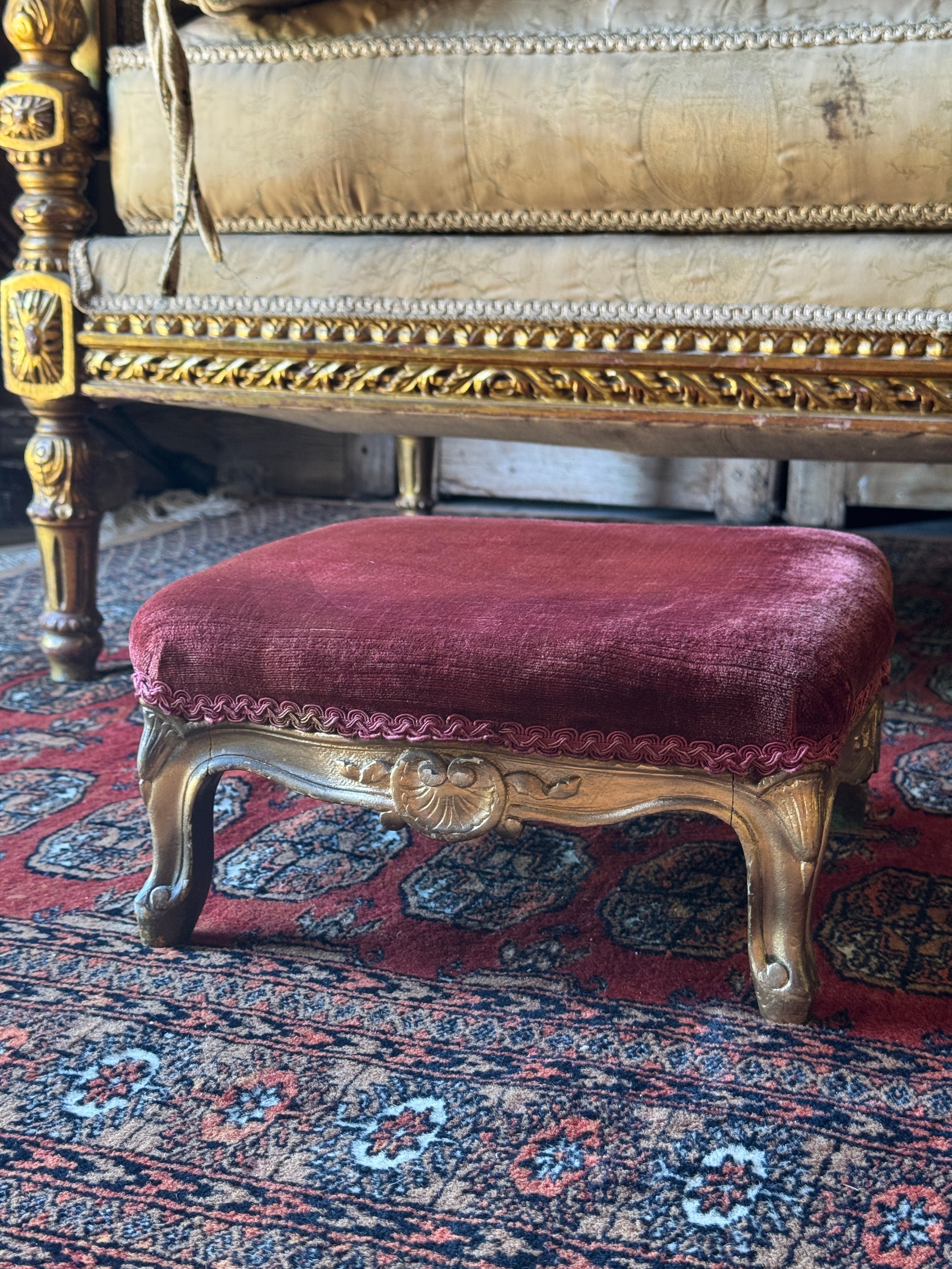 19th Century Giltwood Carved Footstool with Velvet Upholstery