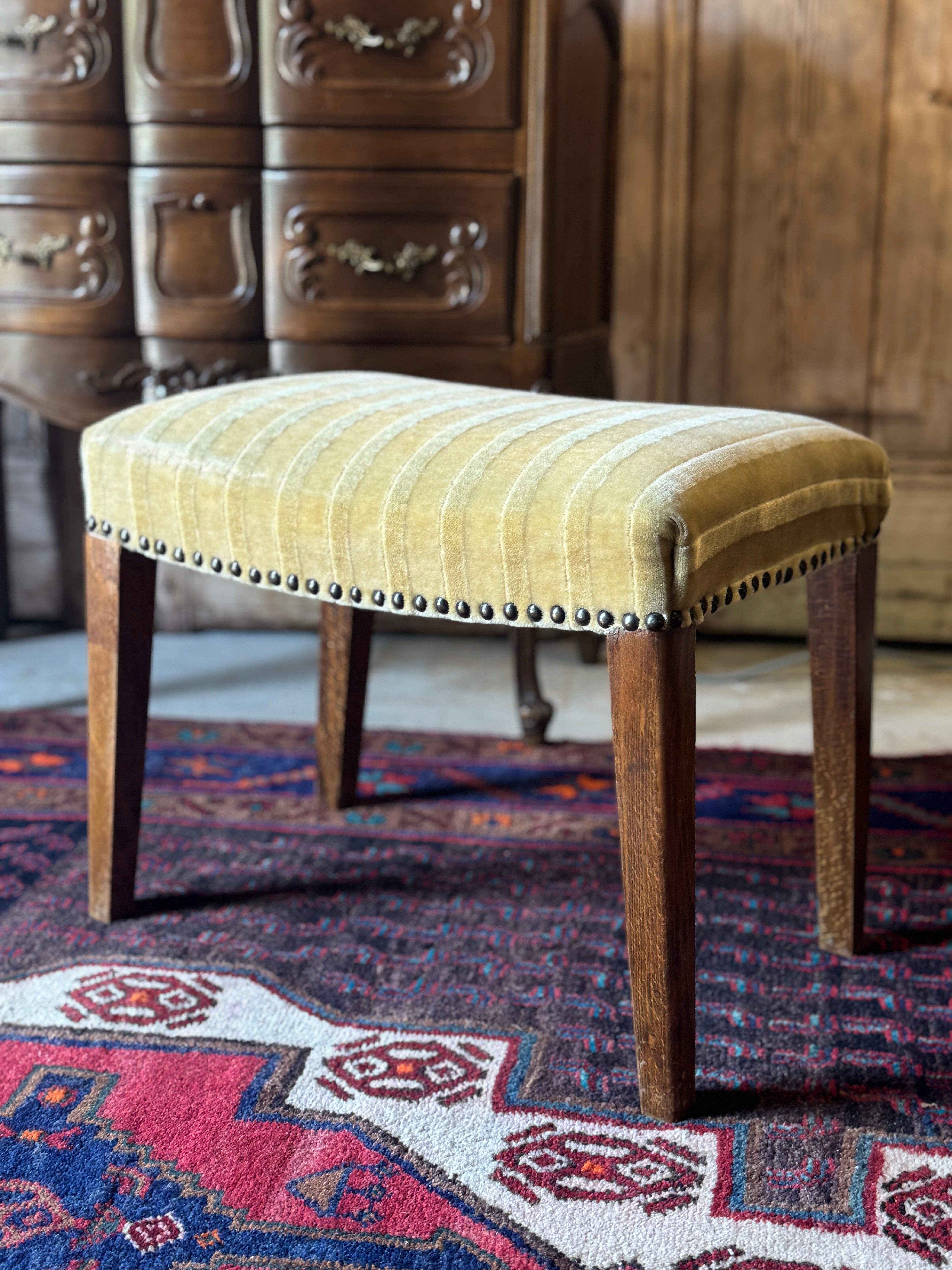 Vintage Oak Footstool with Original Striped Upholstery