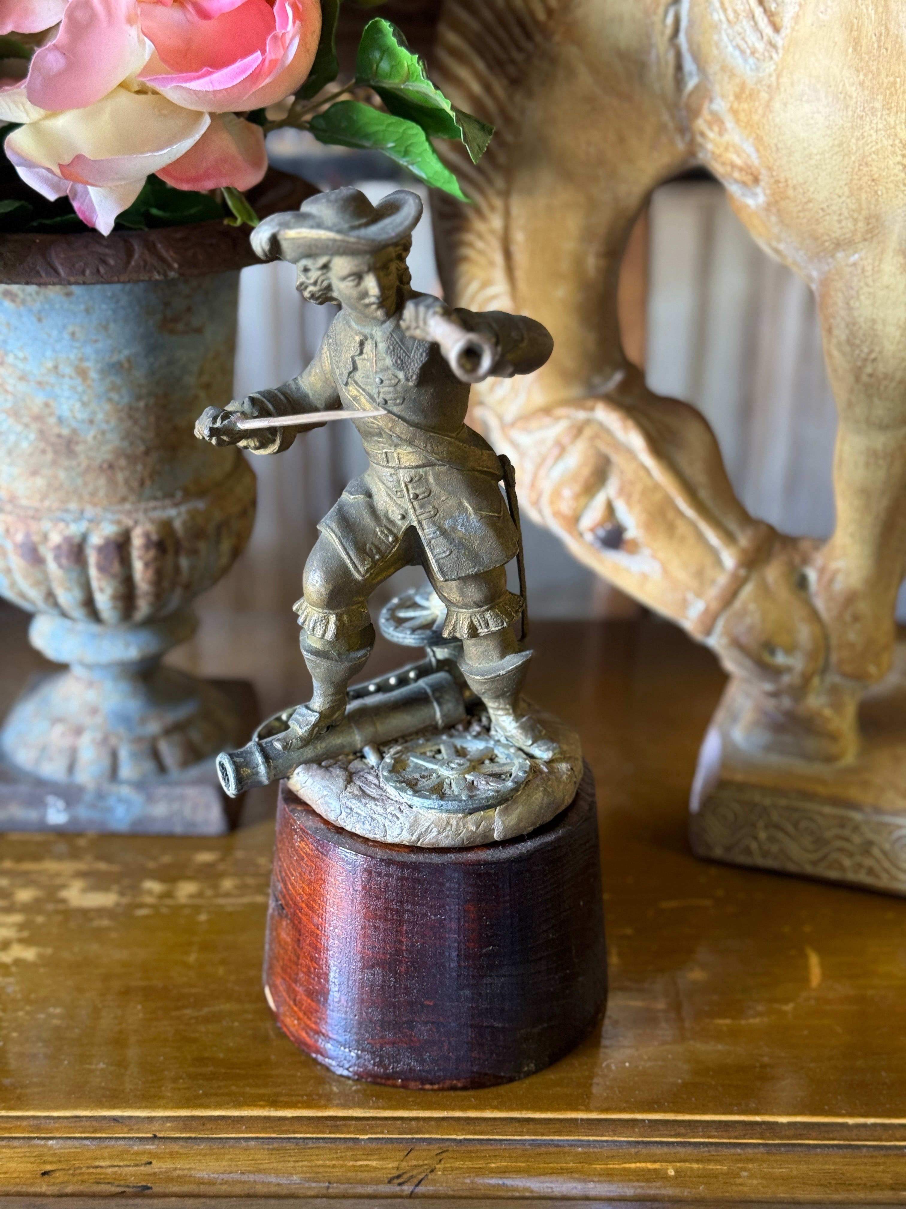 Vintage Bronze Figure of a Buccaneer on Timber Mount