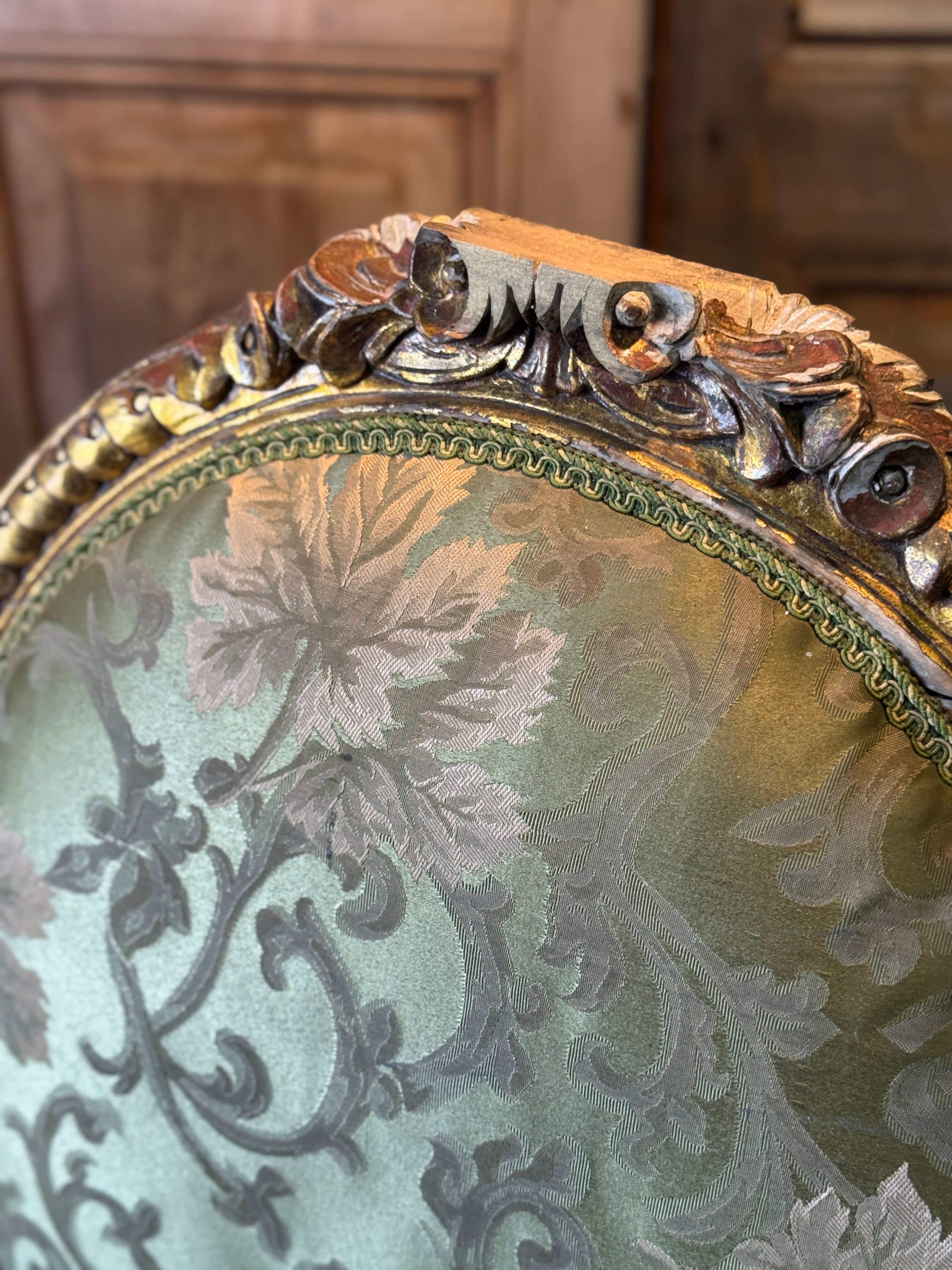 Pair of Gilt Louis XVI Style Armchairs with Original Green Floral Upholstery