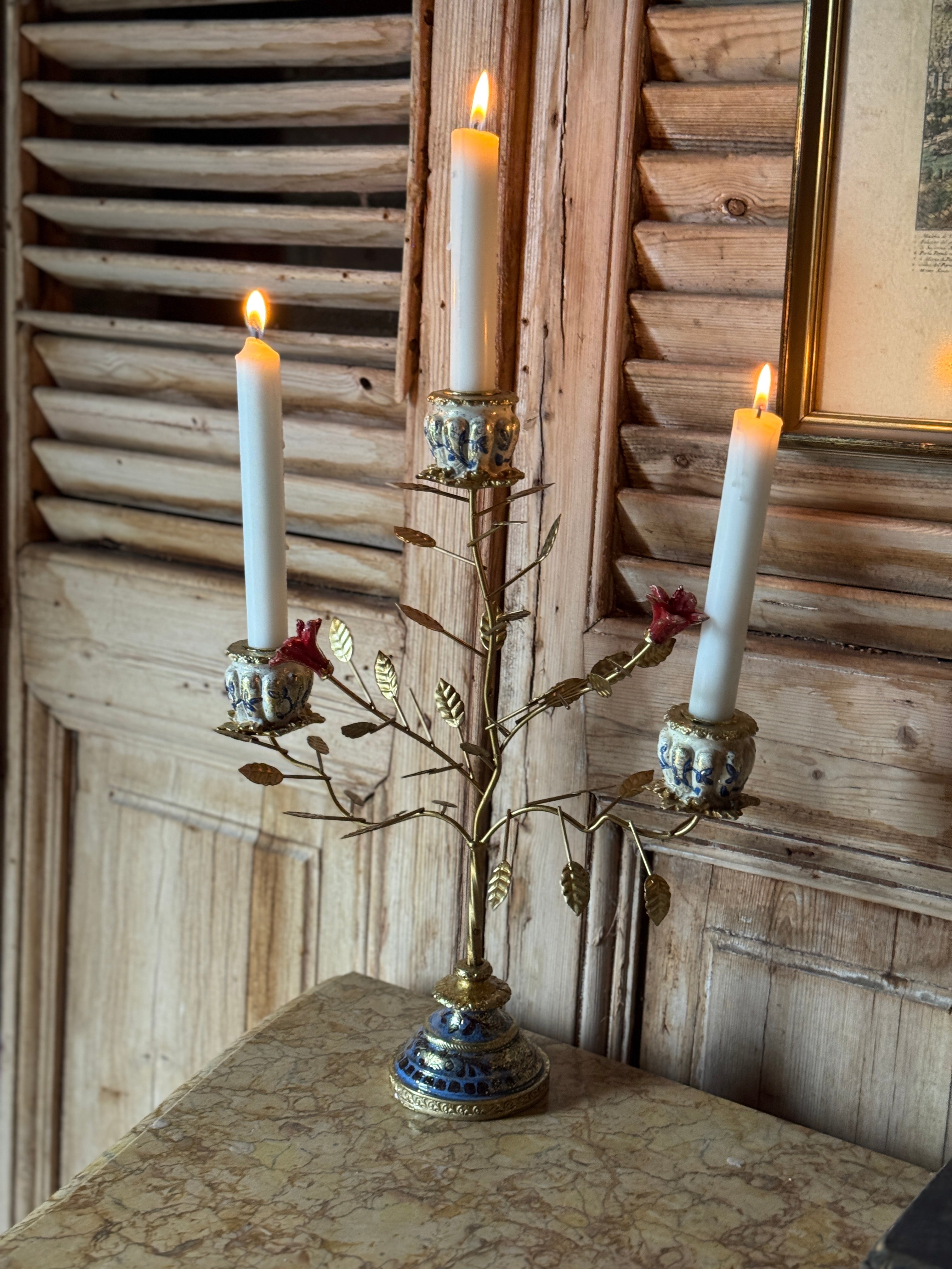 Three Arm Floral Candelabra – Blue & Gold