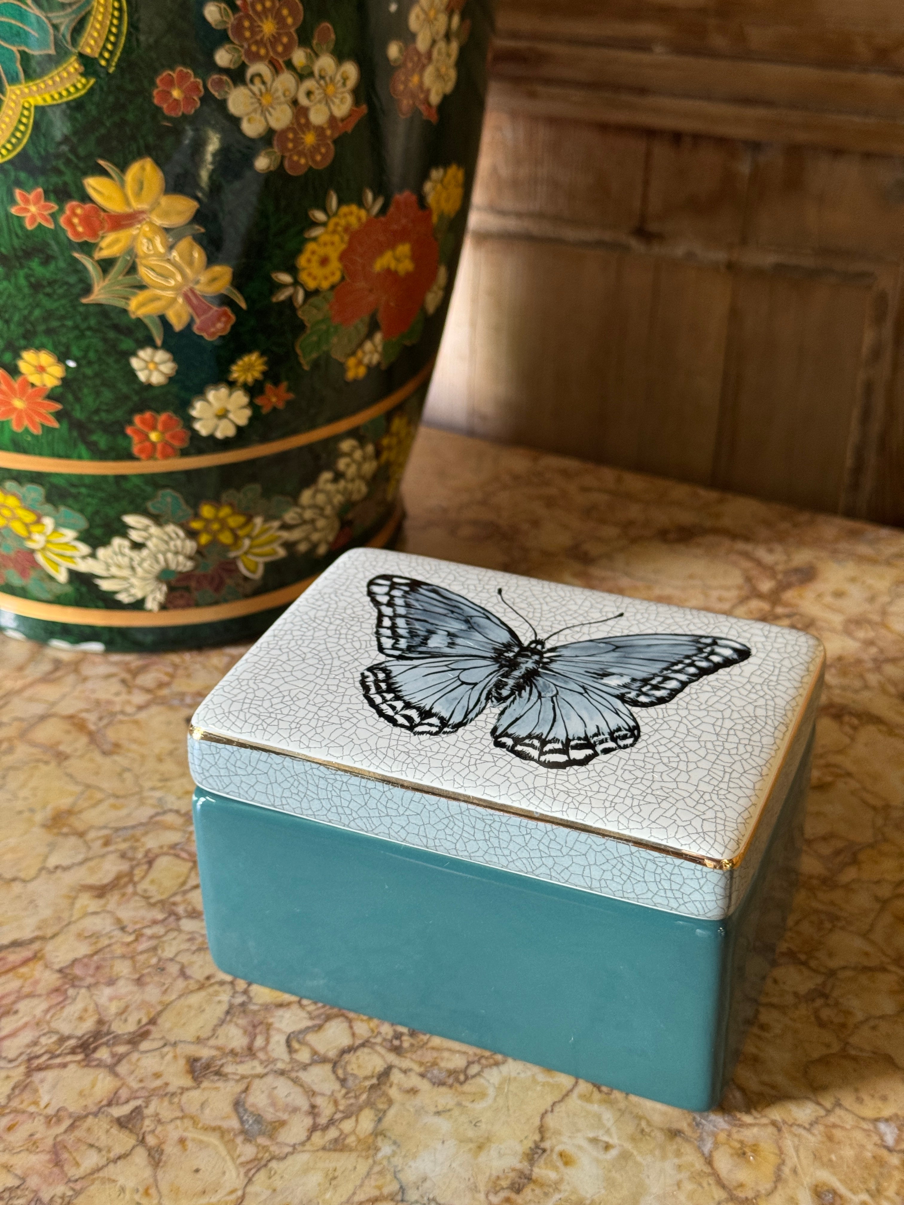Butterfly Rectangle Lidded Trinket Box - Blue & White