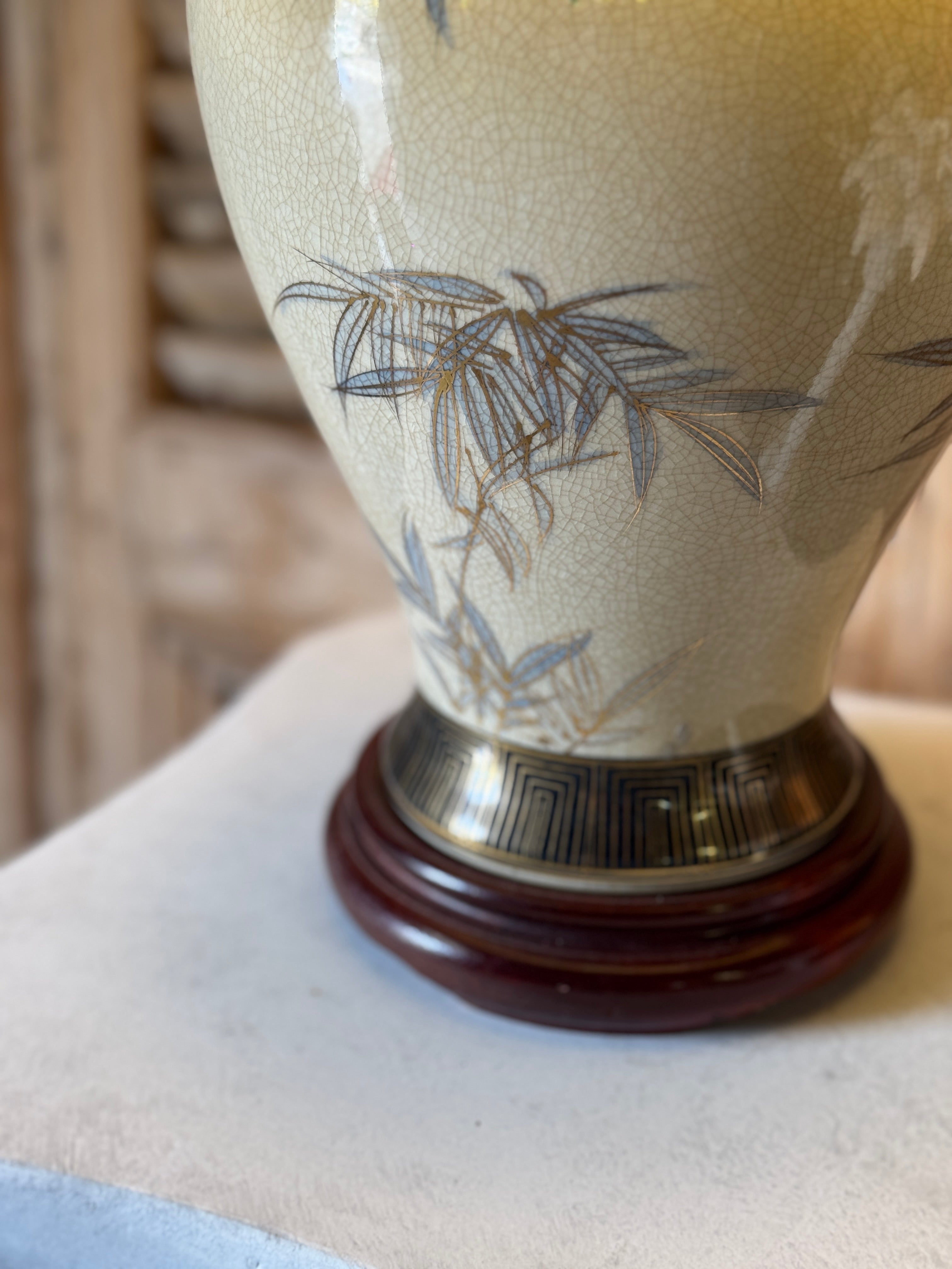 Vintage Chinoiserie Lamp with Fringed Green Velvet Shade