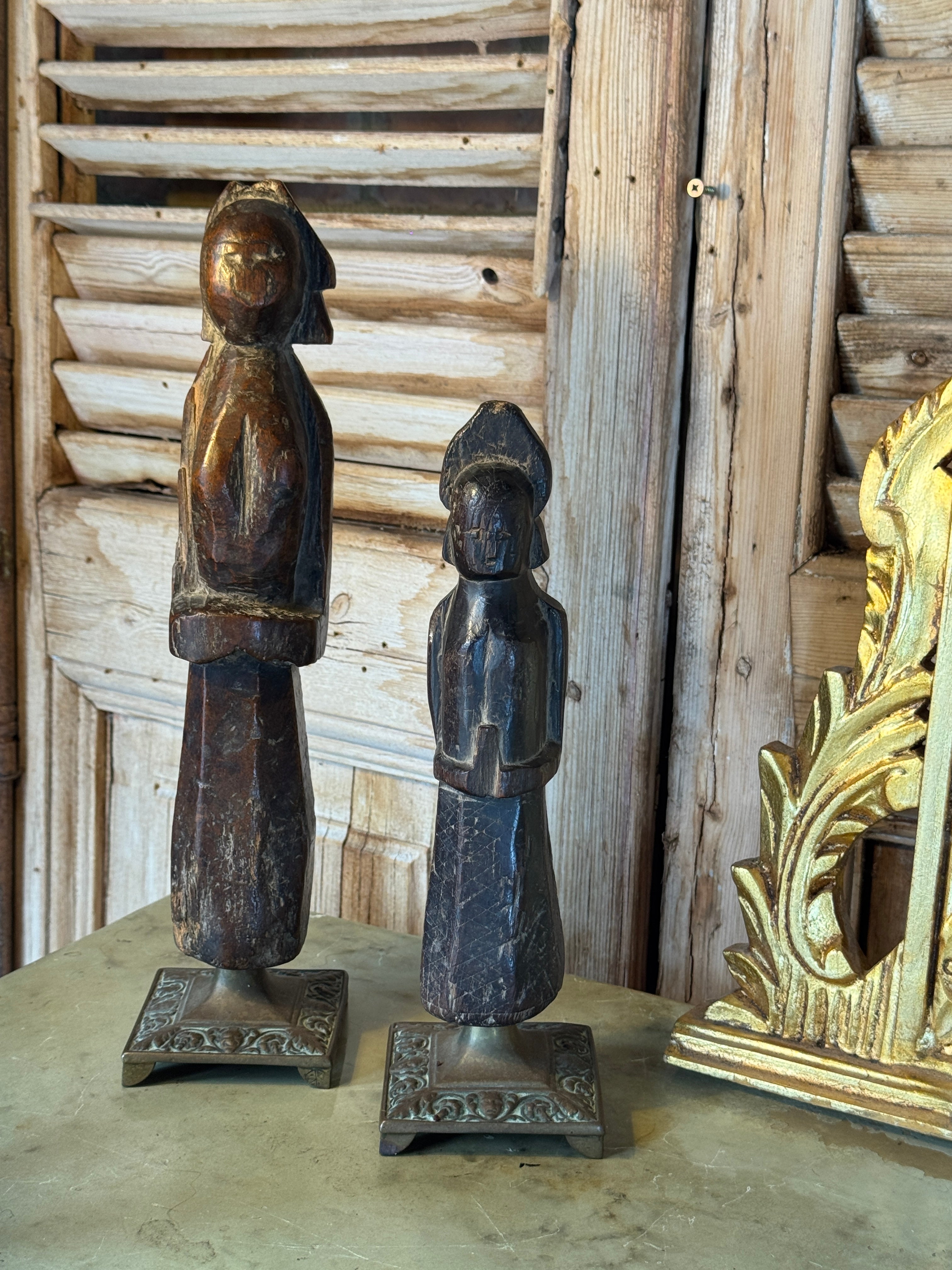 Pair of Antique Indian Carved Timber Dolls on Brass Bases
