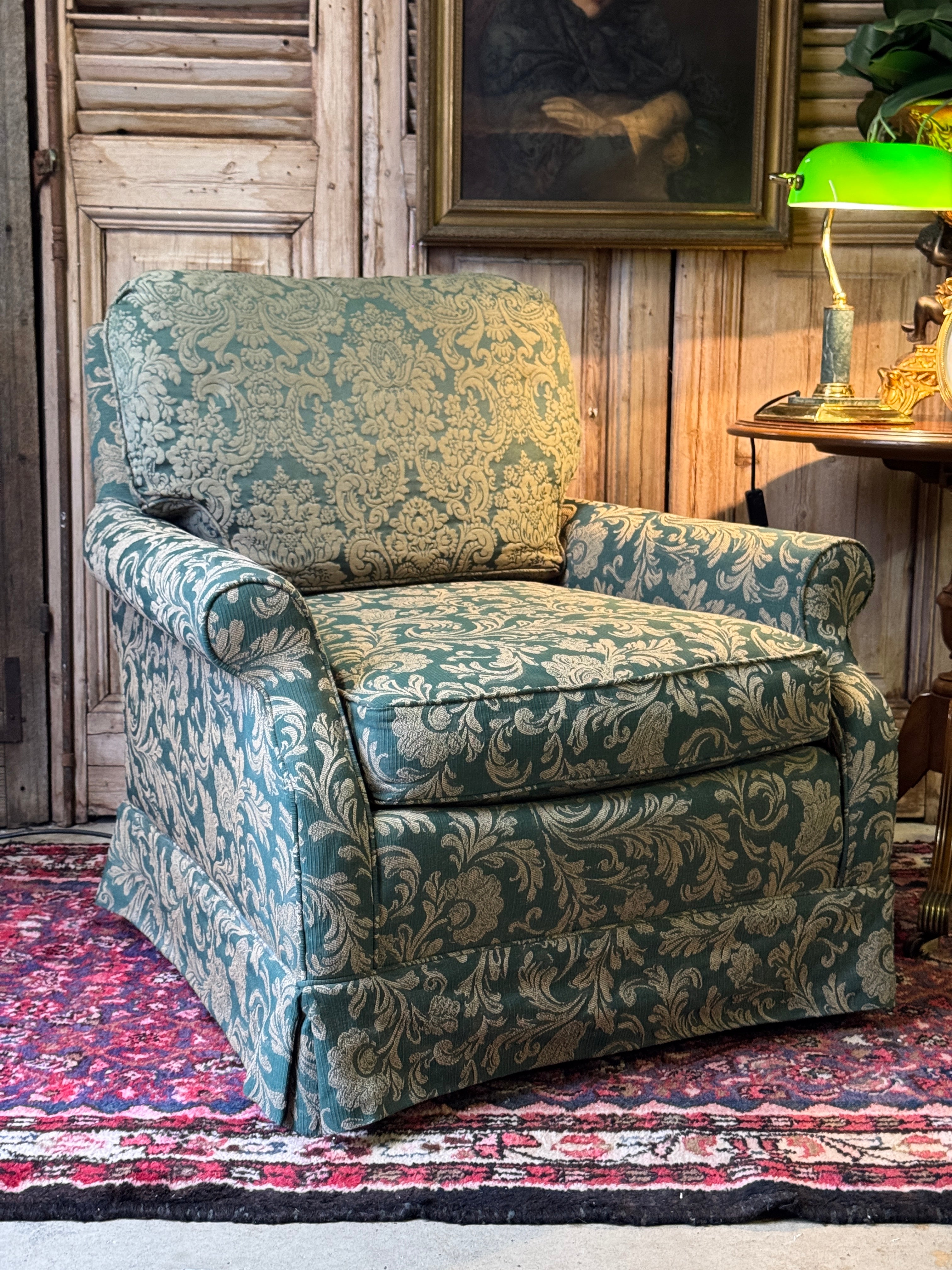 Vintage Green Damask & Floral Armchair