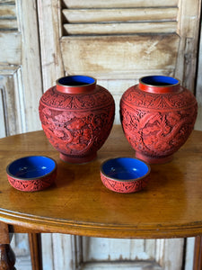 Pair of Vintage Chinese Carved Red Cinnabar Lidded Ginger Jars