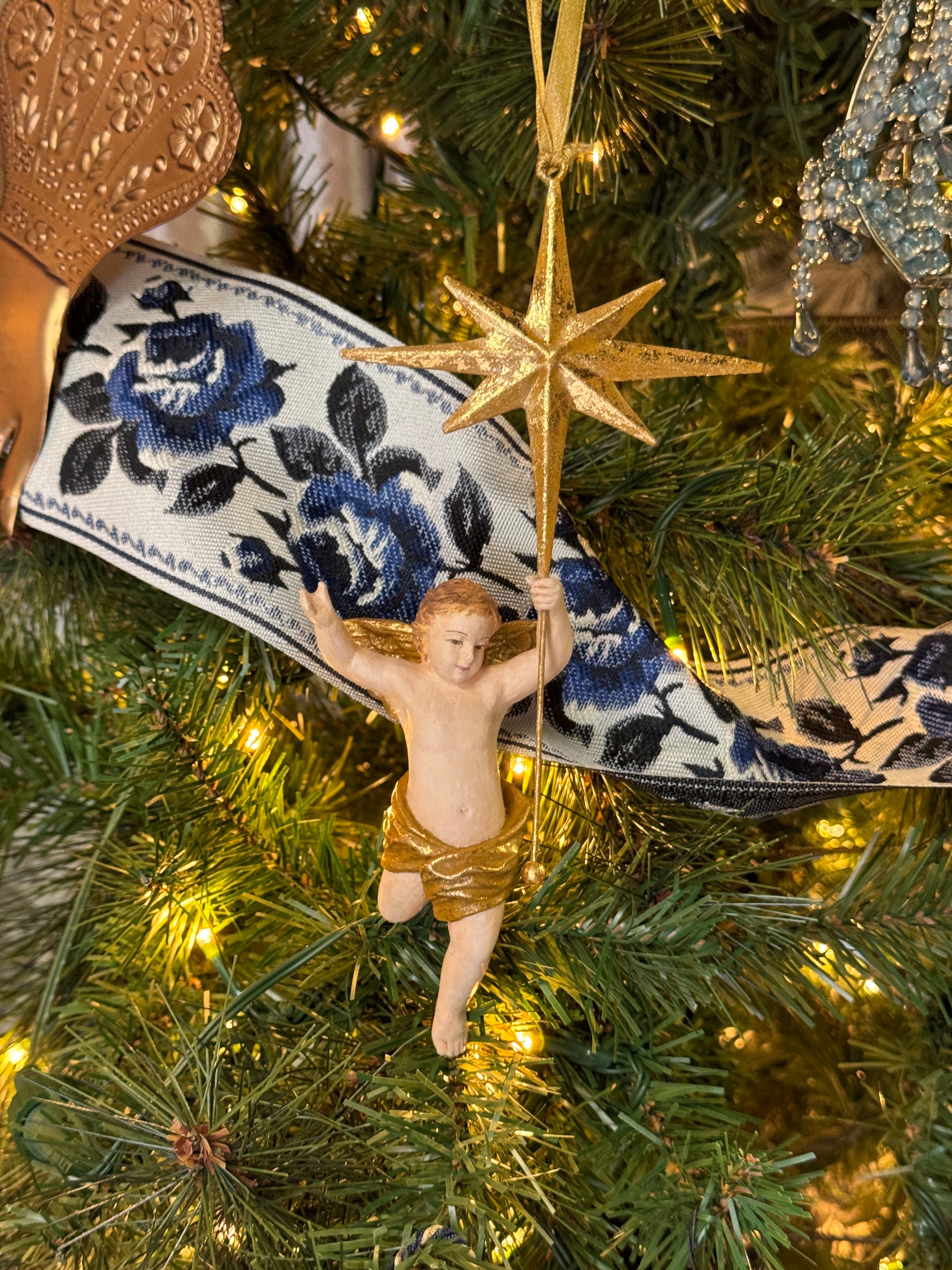 Luxe Blue & White Woven Jacquard Christmas Tree Ribbon (12m roll)