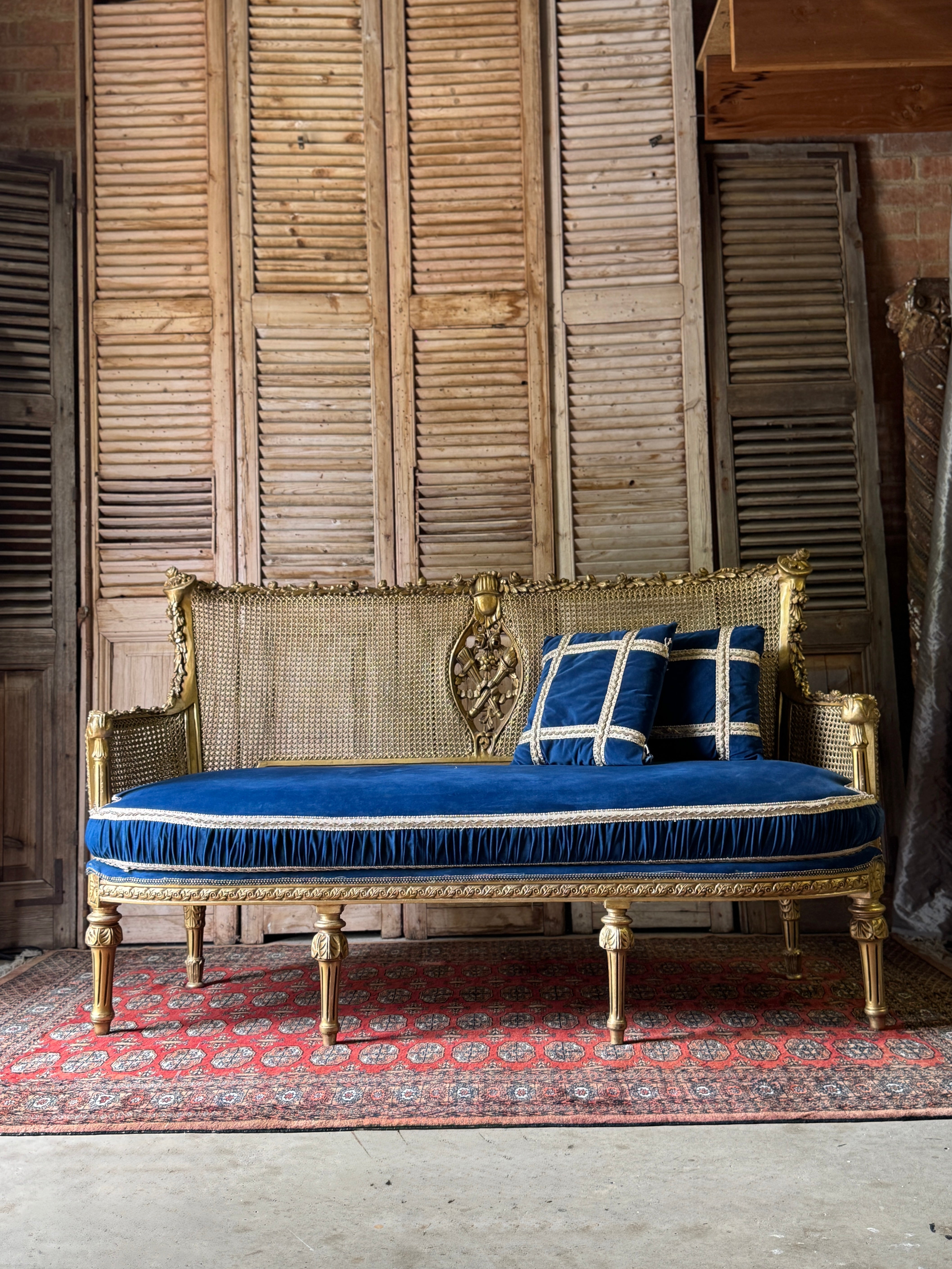 Vintage French Gilt Rattan Settee with Original Upholstery