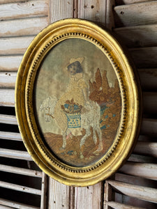 Early 19th Century Silk Embroidery Artwork in Oval Gilt Frame