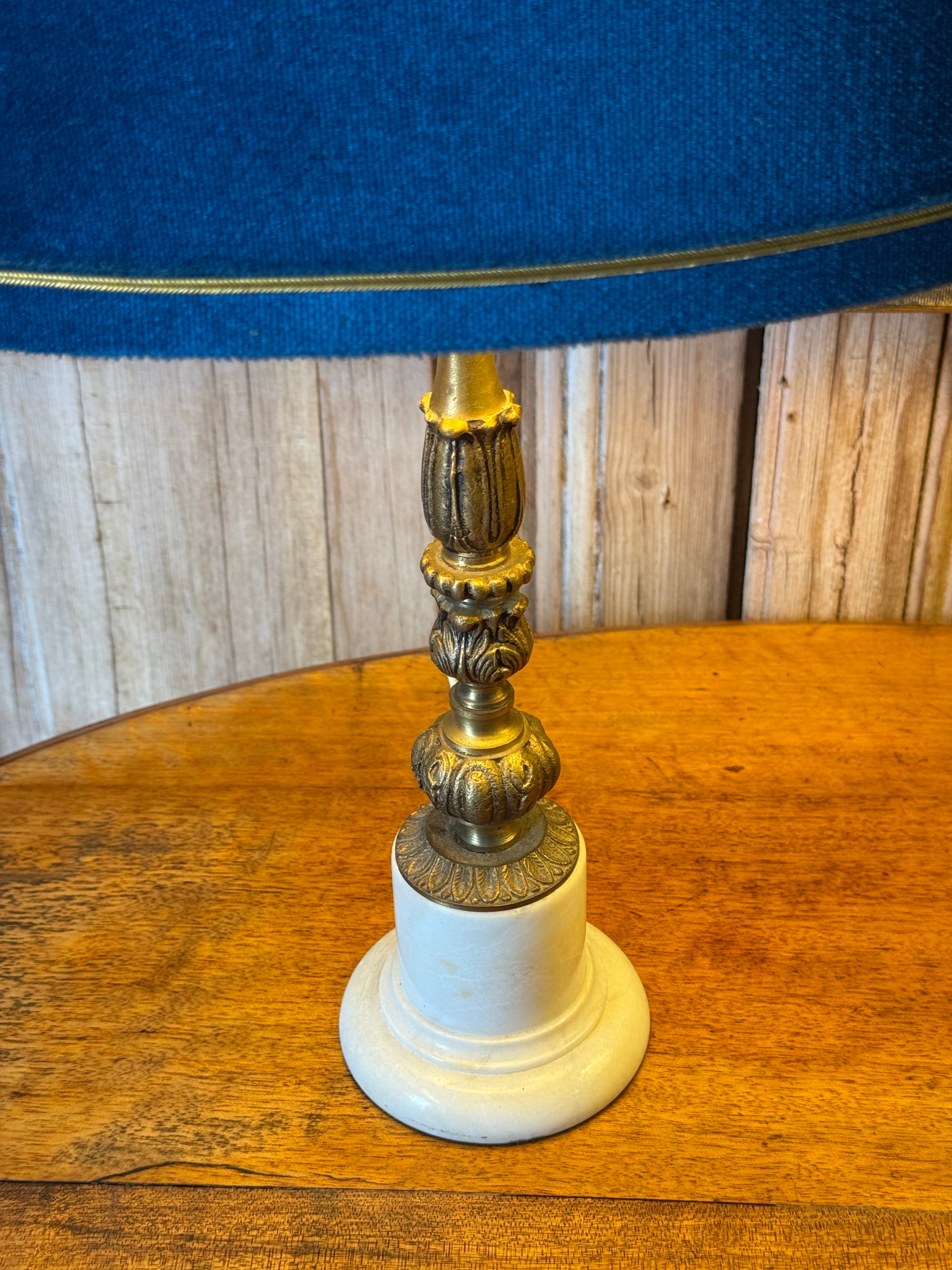 Pair of Blue Velvet Table Lamps With Marble Bases