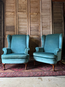 Pair of Vintage Wingback Armchairs – Blue Velvet