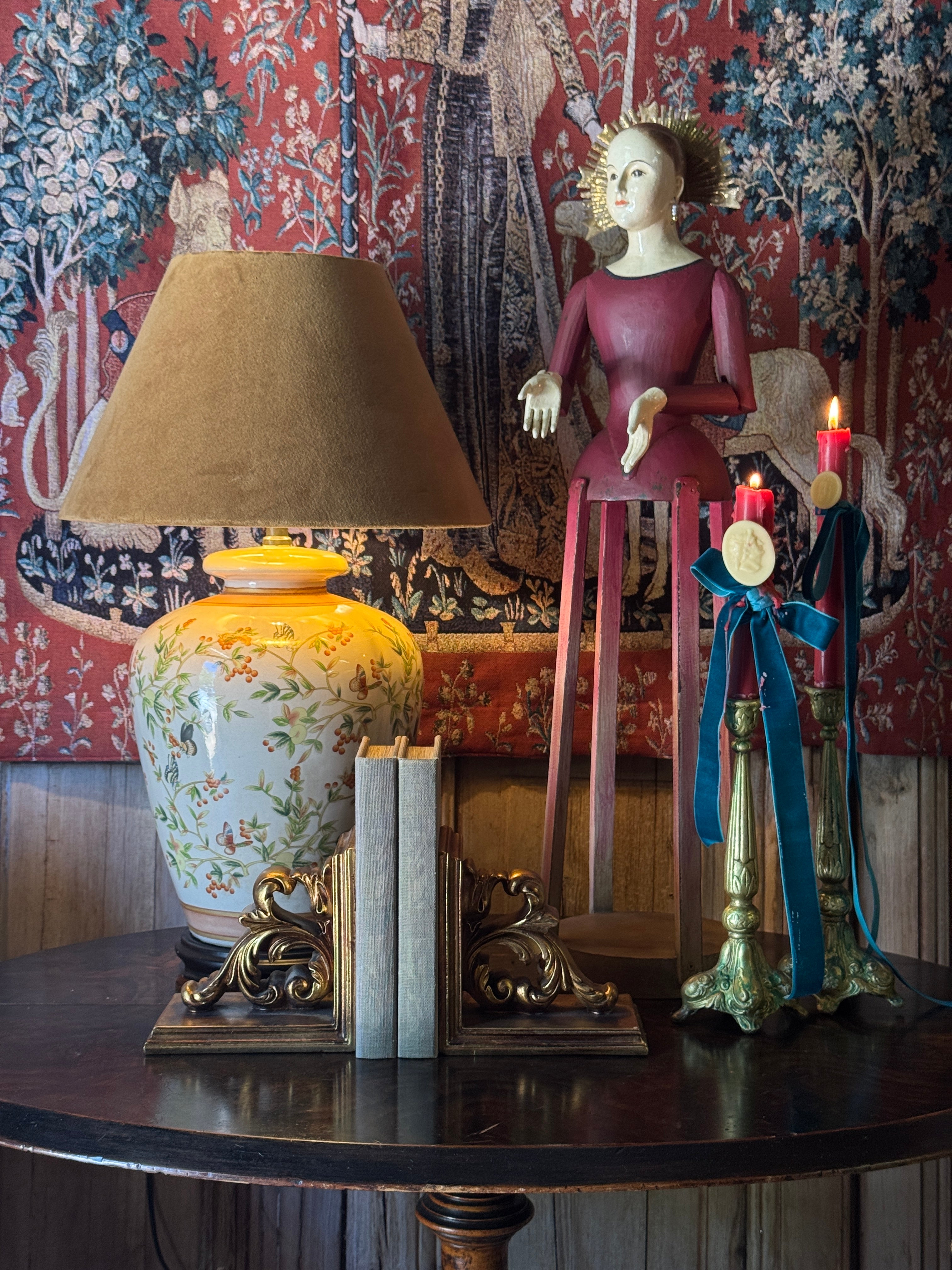 Vintage Porcelain Lamp With New Velvet Shade