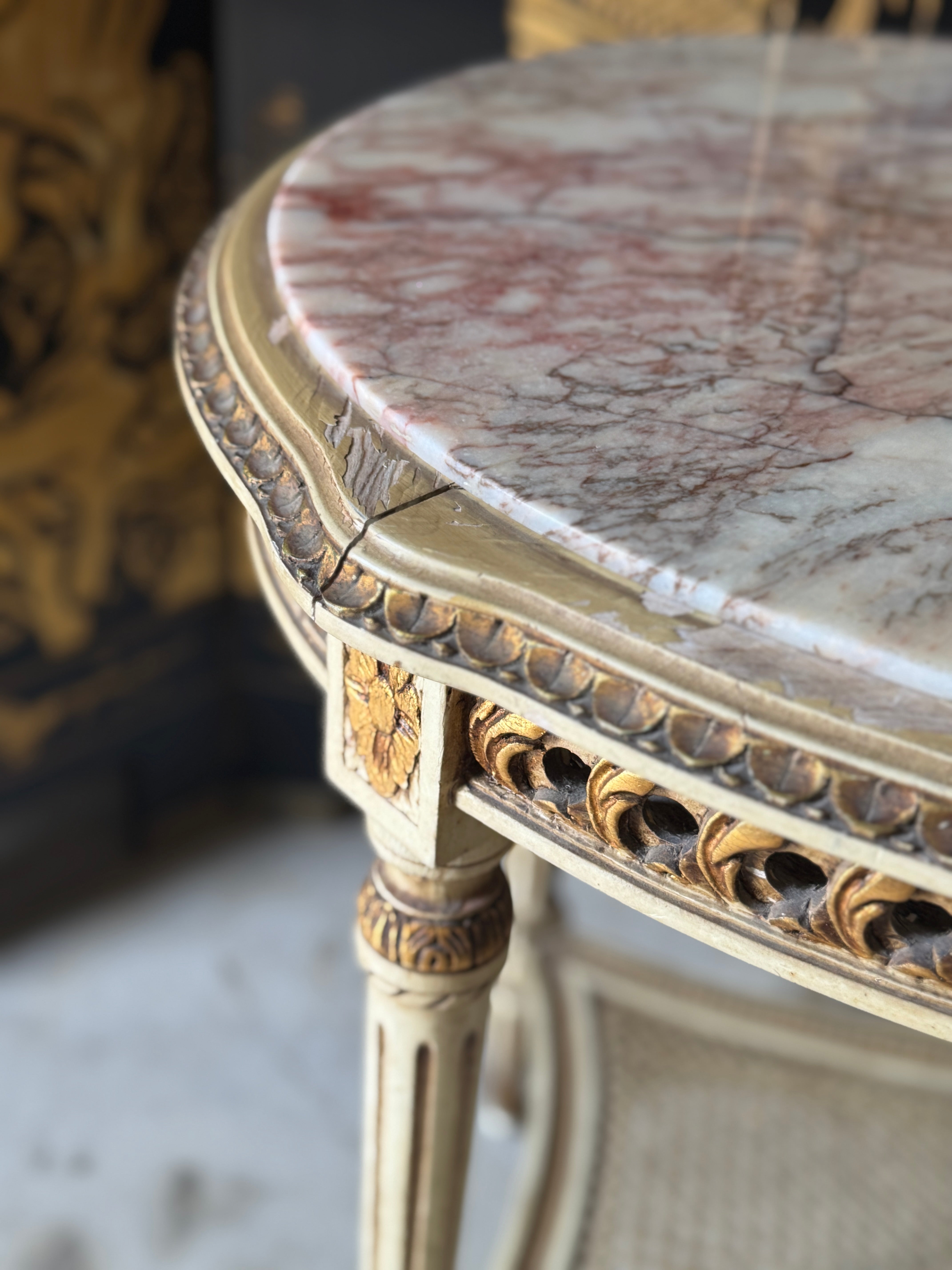 Antique French Marble Rattan Side Table