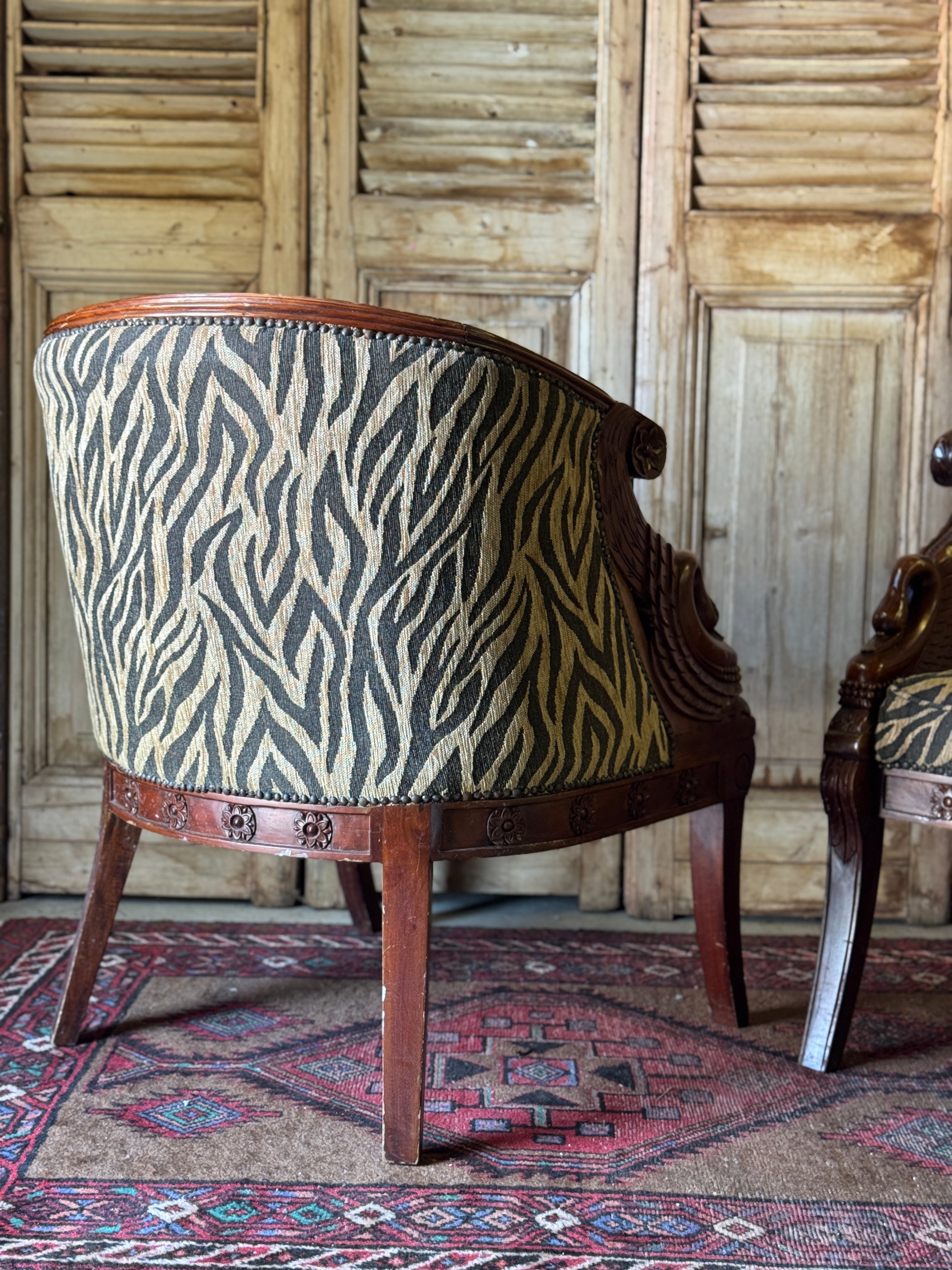 Pair of Carved Timber Empire Tub Chairs with Zebra Upholstery