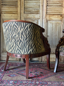 Pair of Carved Timber Empire Tub Chairs with Zebra Upholstery