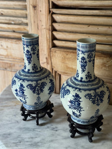 Pair of Vintage Mid - Late 20th Century Chinese Blue and White Porcelain Bottle Vases on Wooden Stands