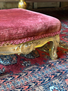 19th Century Giltwood Carved Footstool with Velvet Upholstery