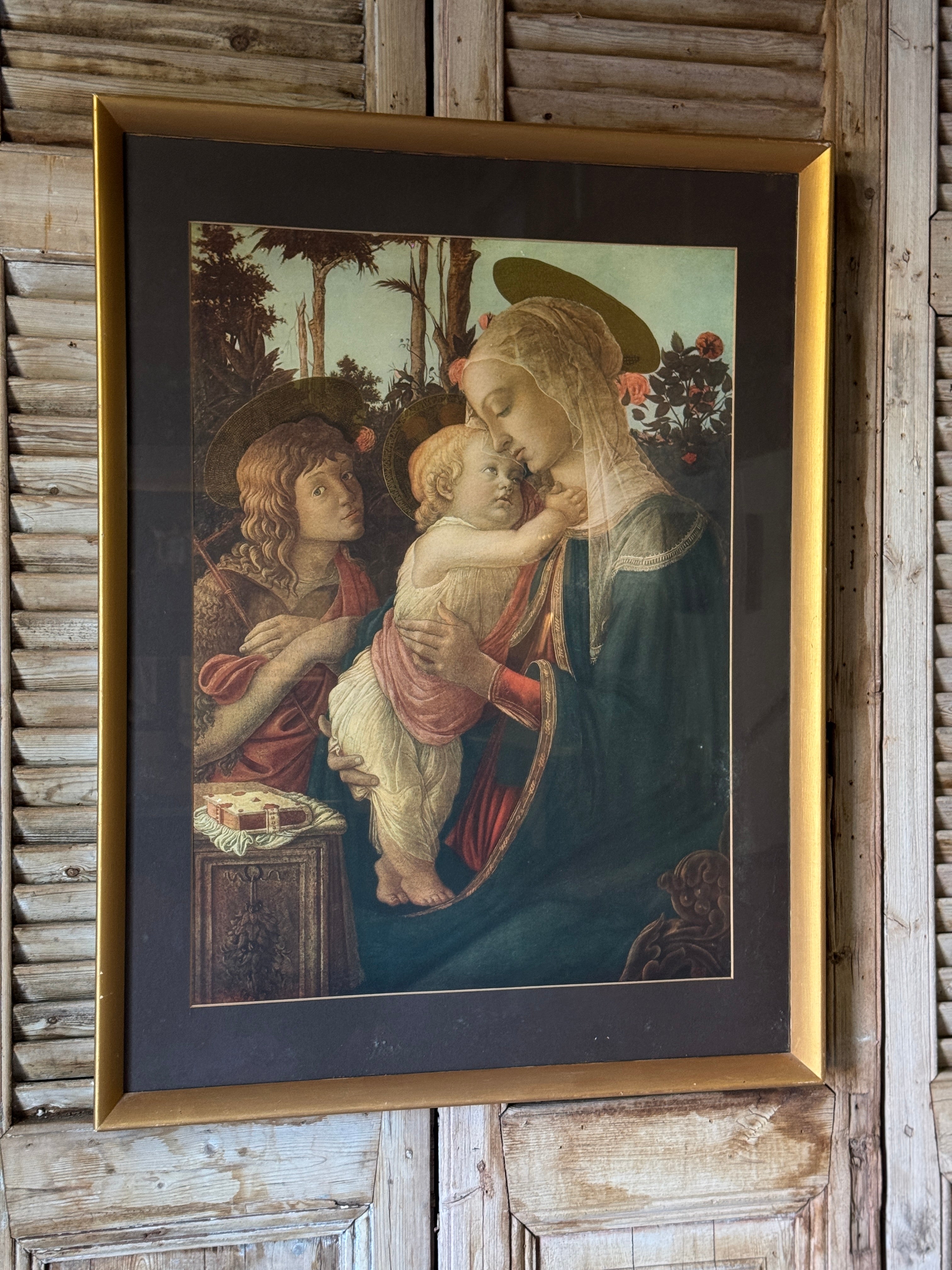 Vintage Gilt Framed Print of Madonna and Child with St. John the Baptist by Botticelli