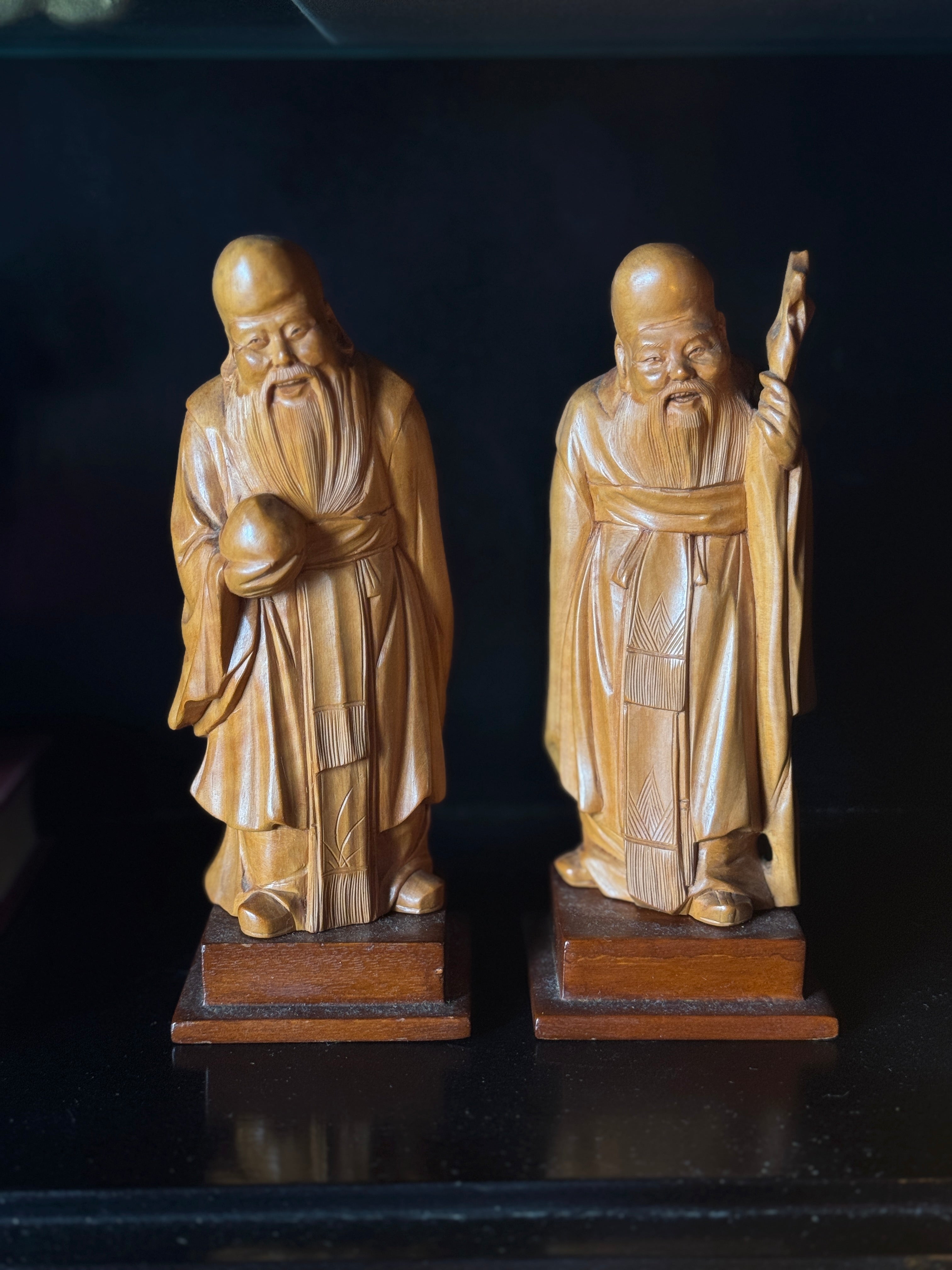Pair of Vintage Carved Timber Immortal Figures Depicting Shou Xing Gong