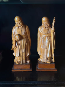 Pair of Vintage Carved Timber Immortal Figures Depicting Shou Xing Gong