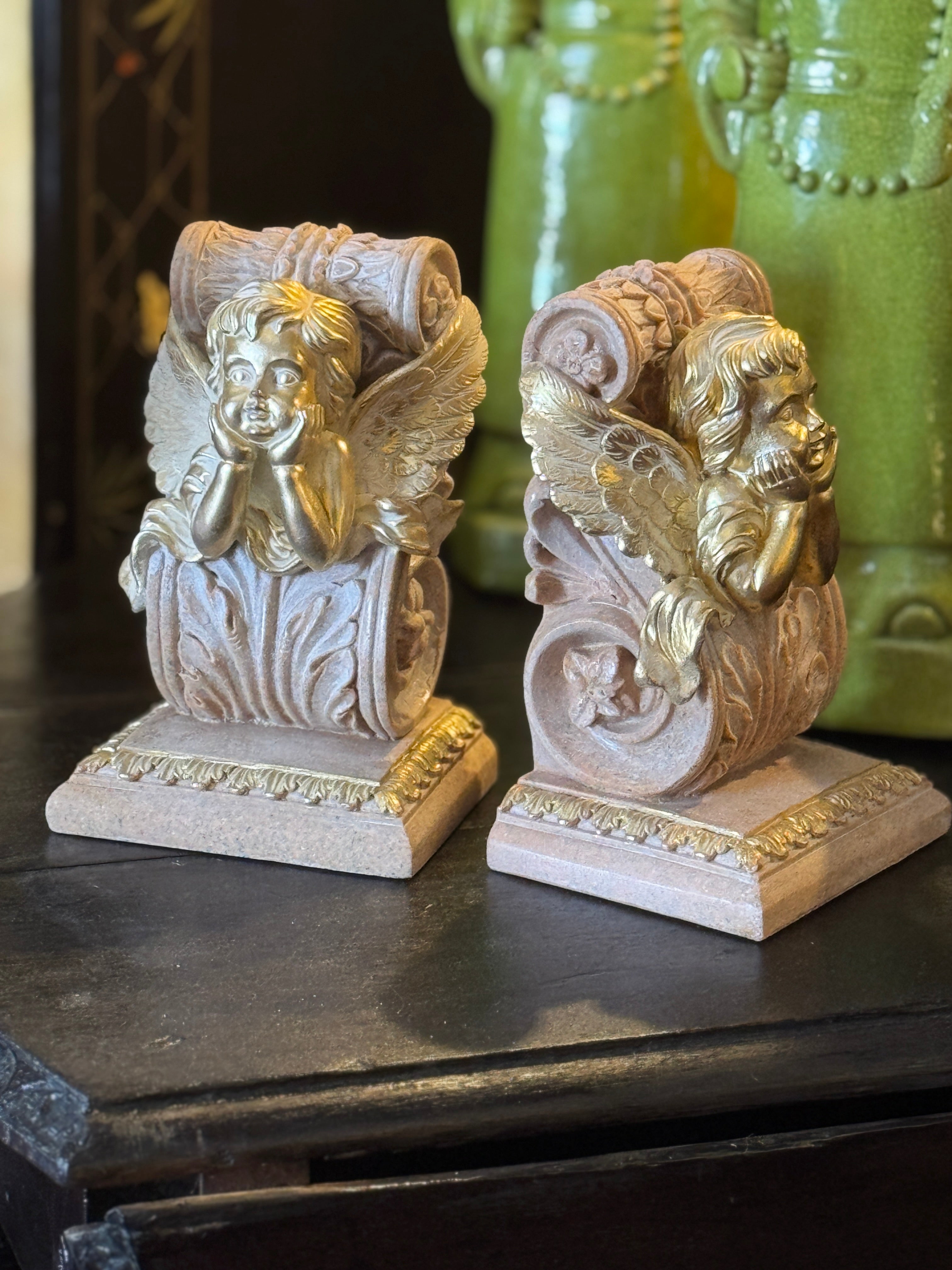 Washed Gold Cupid Cherub Bookends